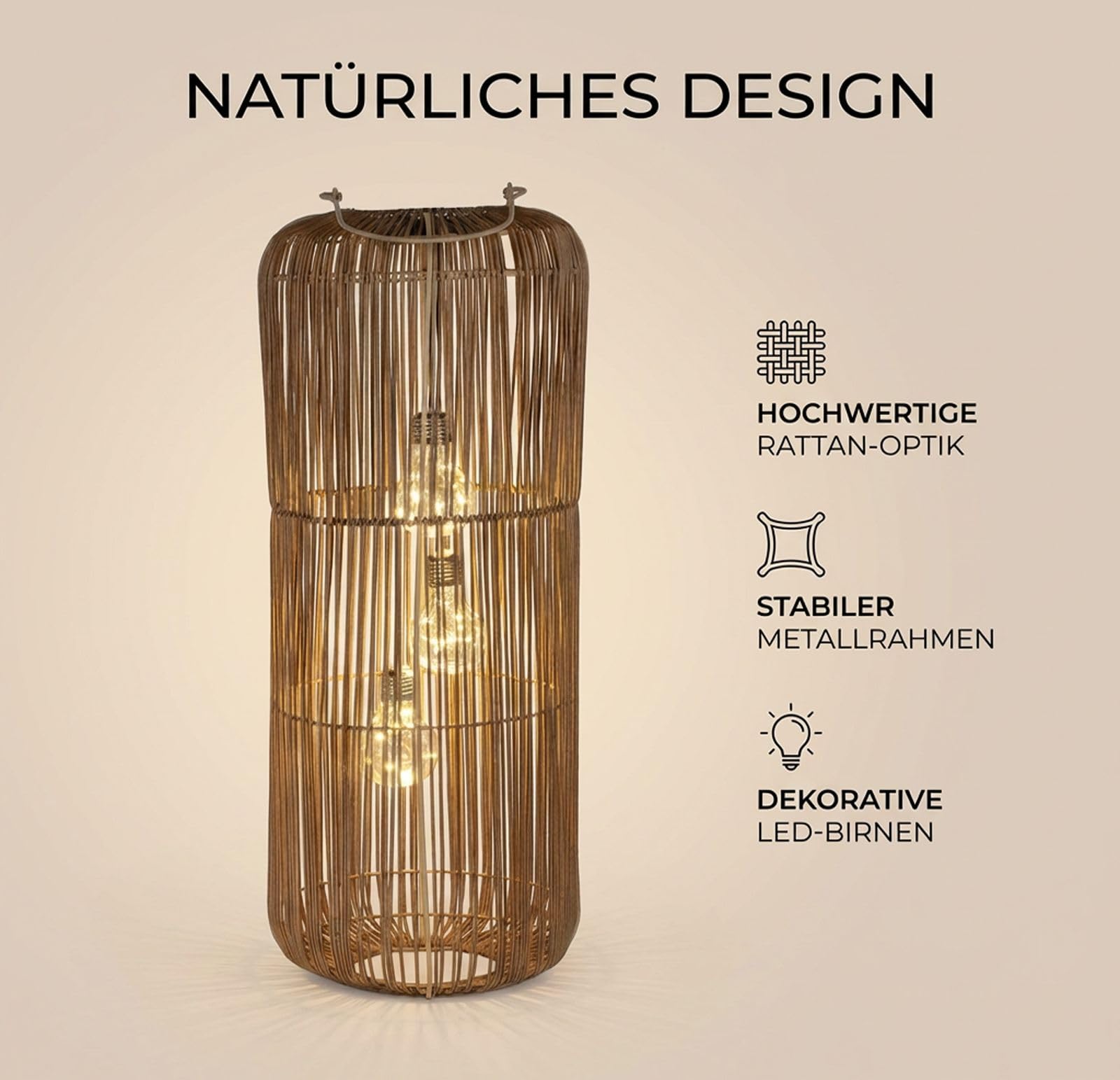 formano Solarlaterne Garten Rattan-Look Laterne 3 LED Birnen 60 cm Solarleuchte mit Dämmerungssensor, IP44 wetterfest, dekorative Solarlampe für Balkon Terrasse Outdoor Beleuchtung