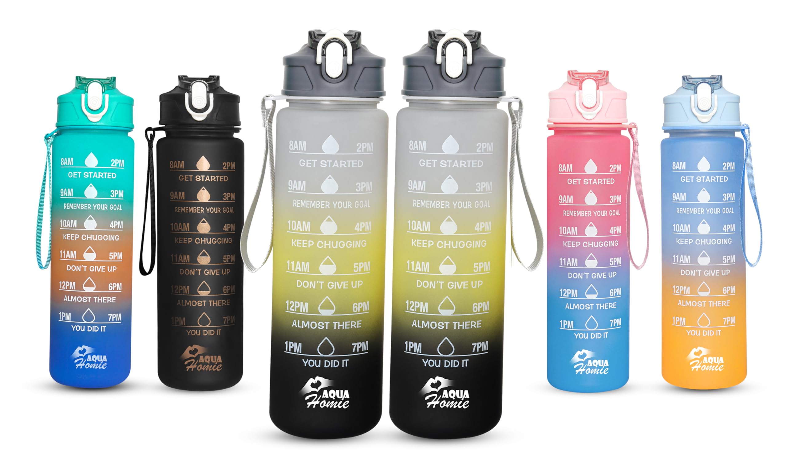 Pack of 2 Water Bottle with Straw 750ml – Leakproof BPA Free Sports Water Bottle for Gym, School & Travel – Motivational Drinking Bottle with Time Markings for Kids & Adults (Black-Yellow/Grey, 750ml)