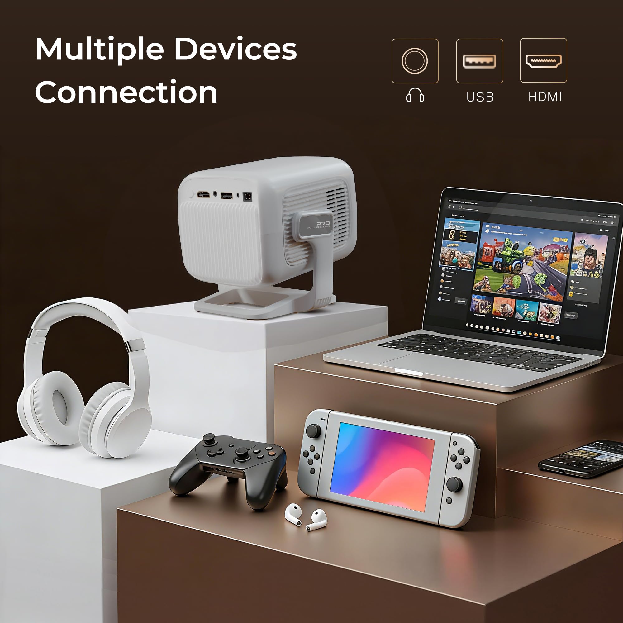 [1080P Nativo, Auto Focus] Smart Proyector con 4K Soporte, Auto Keystone, 600 ANSI, App Integrada, Inteligente Projector Portatil con WiFi 6 Bluetooth 5.4, Compatible con HDMI/iOS/Android/USB LYNCAST