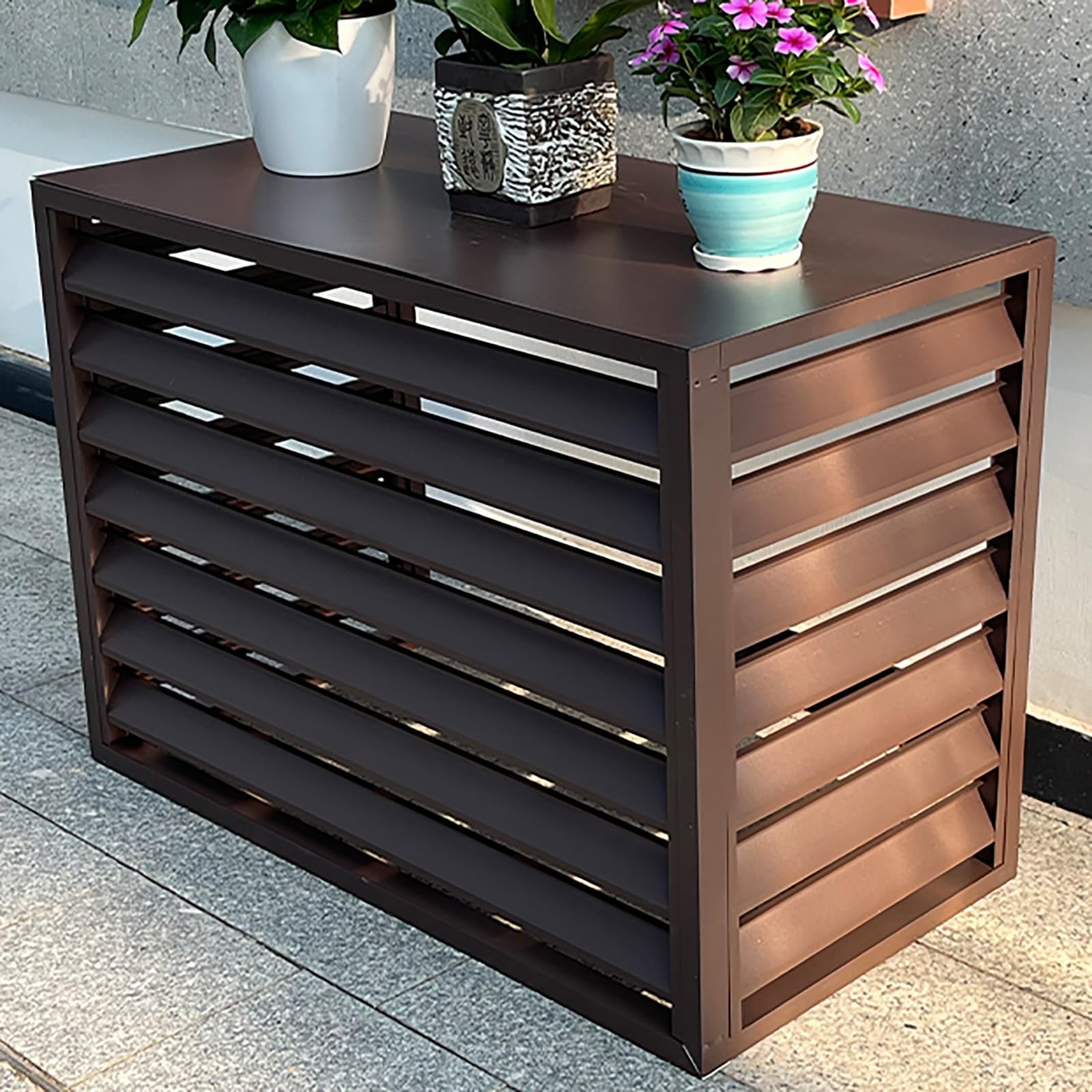Outdoor Air Conditioner Unit Cover - All Weather Aluminum Protective Screen Fence Panels With Trash Can Enclosure, Freestanding Privacy Flower Stand in Brown