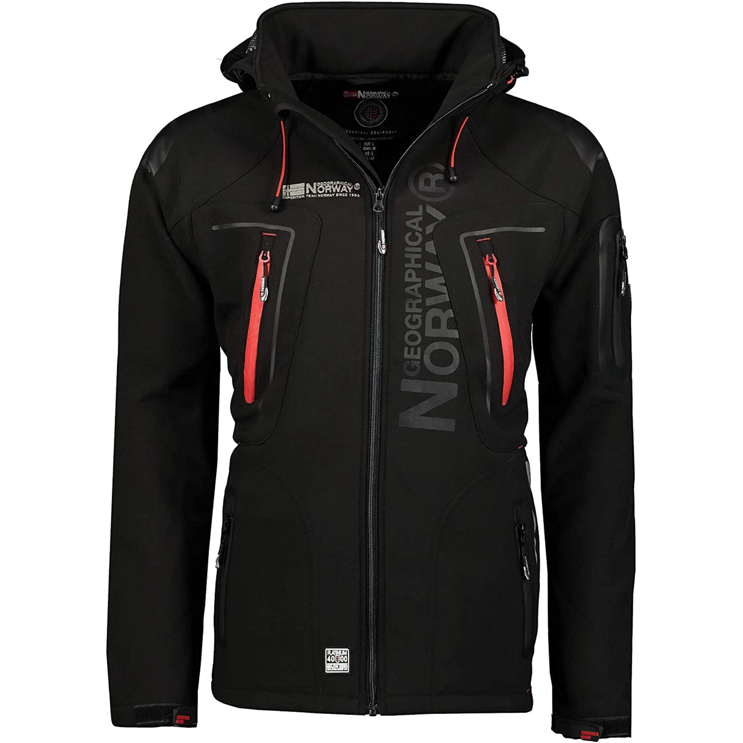 Geographical Norway Men's Black Techno - Waterproof Softshell Hooded Jacket - Comfortable Outdoor Jacket Tactical Windbreaker - Hiking Skiing Autumn Winter Spring (-Red 3XL)