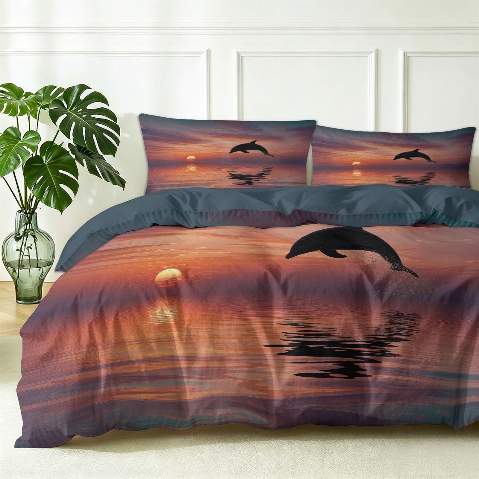 Biancheria da letto con delfini, tramonto e crepuscolo, in morbida microfibra, 155 x 220 cm, con 2 federe da 50 x 70 cm, per bambini, ragazze e ragazzi