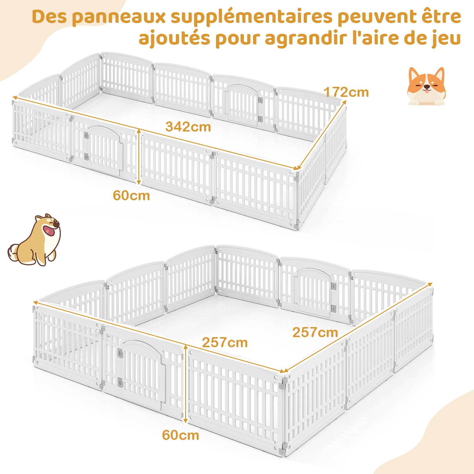 COSTWAY Parc pour Chien Exterieur Interieur à 6 Panneaux en HDPE, Barriere de Securite Chien Pliable, pour Taille Moyens & Petits, Porte Verrouillage, Ventouses & Piquets De Sol, Niche pour Chiot