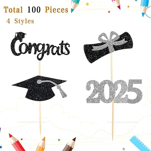 Miniatura 3 de Chinco Paquete de 100 adornos para cupcakes de graduación 2024, tapas de graduación, aperitivos de alimentos, decoraciones de fiesta de graduación,