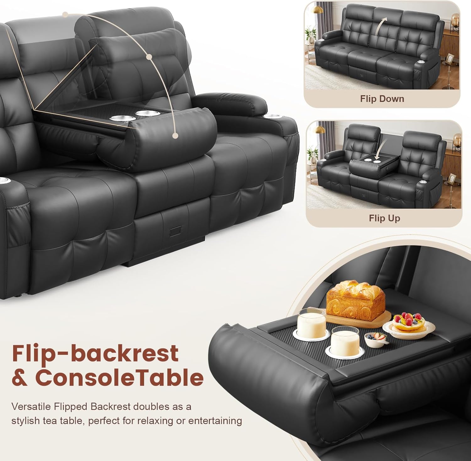 Loveseat Recliner, 3 Seater Massage Reclining Sofa Sets Heavy Weight Capacity, RV Loveseat Couch Clearance with Drop Down Table, Storage, Cup Holders, Wall Hugger Reclining Couch for Living Room