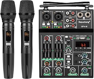 Depusheng Professional Audio Mixer, 4 Channel Sound Mixer With Dual Wireless Mic, Sound Board Console MP3 Bluetooth 48V Ph...
