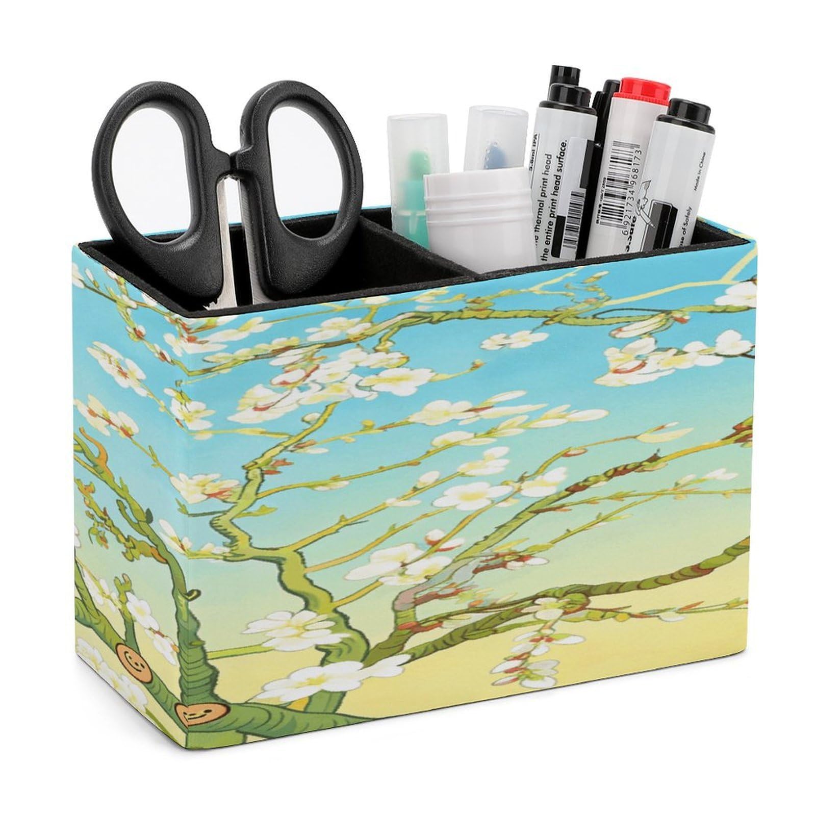 LZQPOEAS Spring Blossoms in Full Bloom Pen Holder Double Compartments Pen Cup Makeup Brush Holders Leather Pencil Holder Locker Organizer for Work Locker Accessories Modern Pencil Cup for Desk