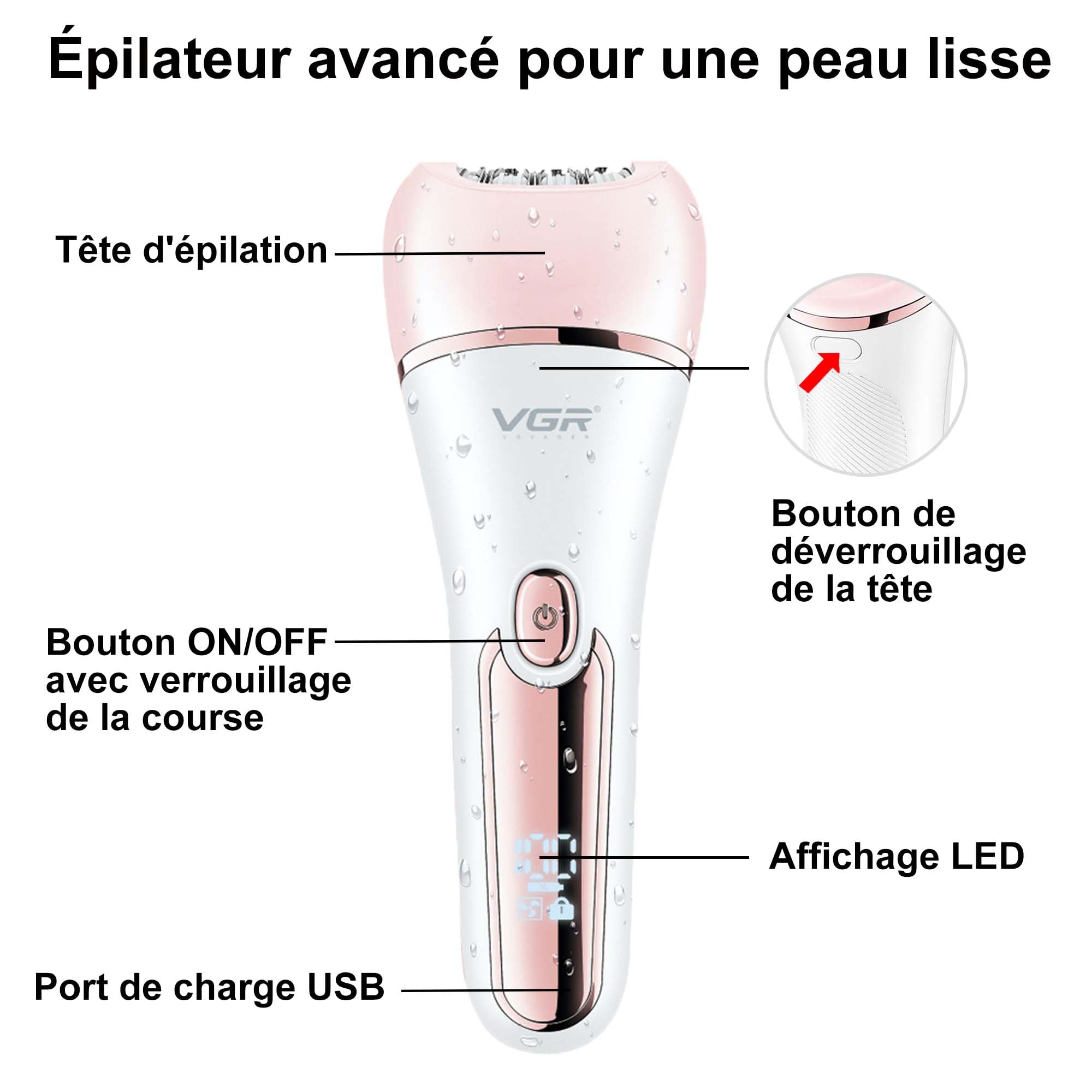 VGR 733 Épilateur pour femme, 6 en 1, sans fil et rechargeable, épilateur pour le visage, les jambes, les aisselles, rose