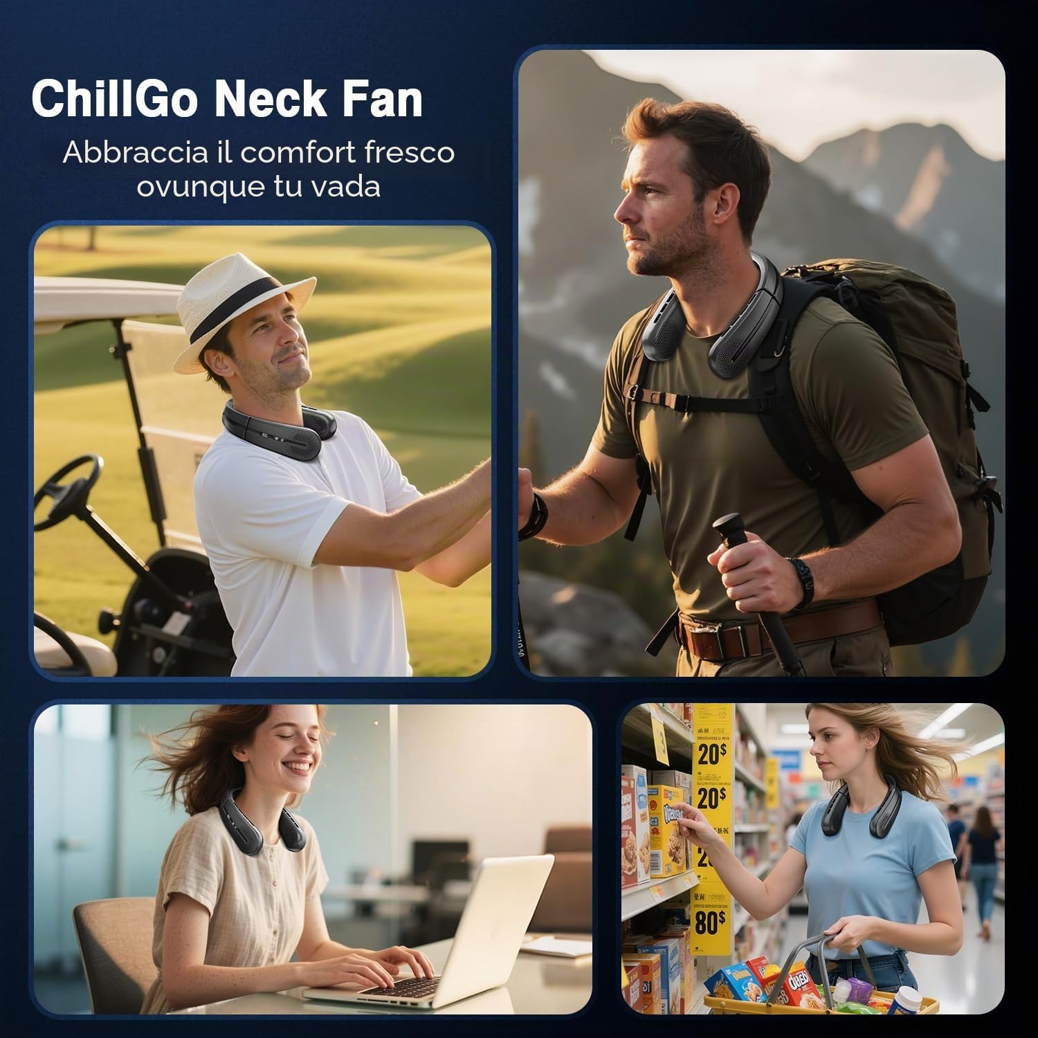 ChillGo - Ventilatore da collo senza pale da 5200 mAh, condizionatore per collo, ventilatore portatile ricaricabile, max 12 ore, 4 motori, pieghevole, ottimo regalo per uomo e donna, nero
