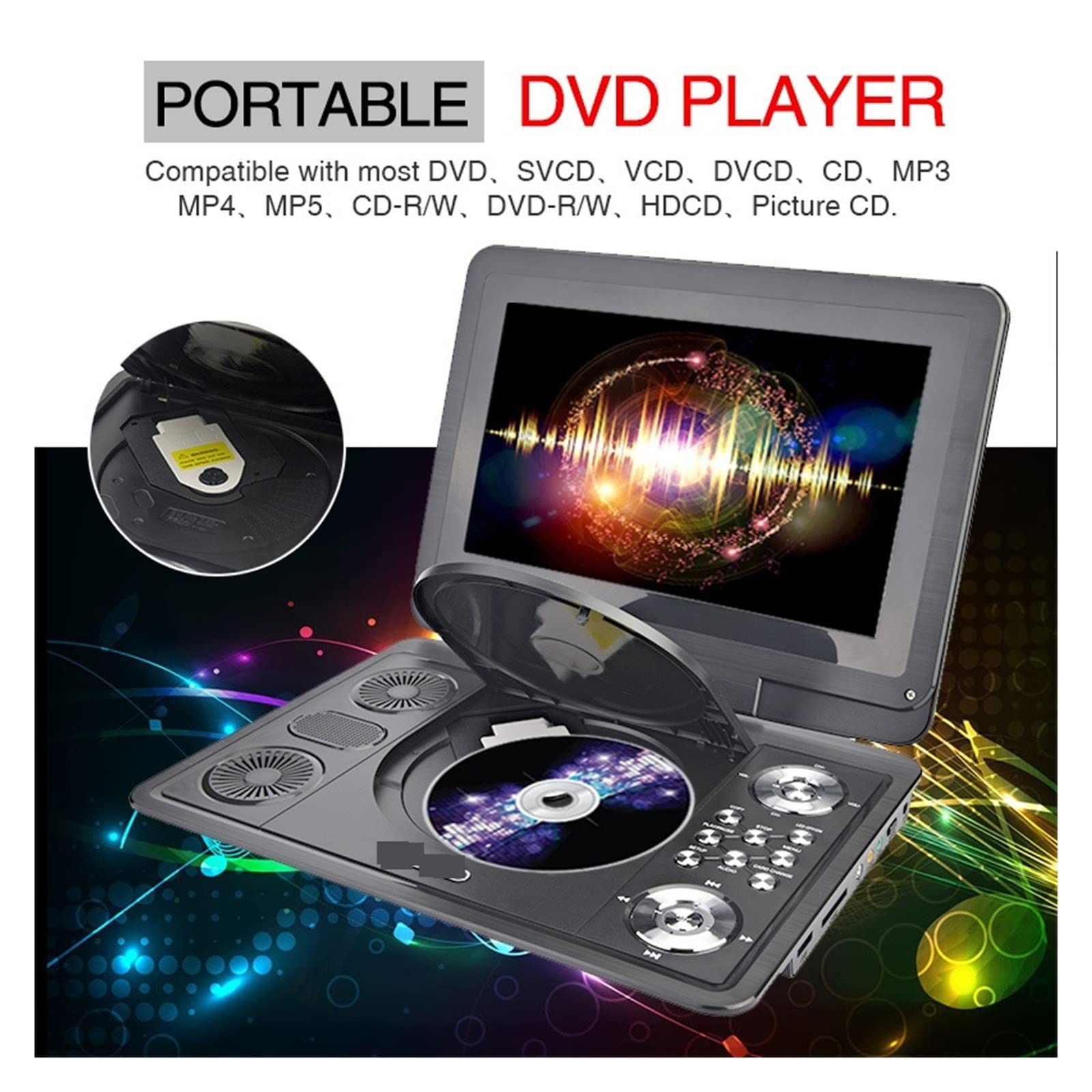 Reproductor de DVD portátil, Reproductor de DVD portátil HD 13 Pulgadas Reproductor Multimedia Digital móvil TV EVD Radio MPEG MPEG4 VCD Tarjeta SD U Disk Play