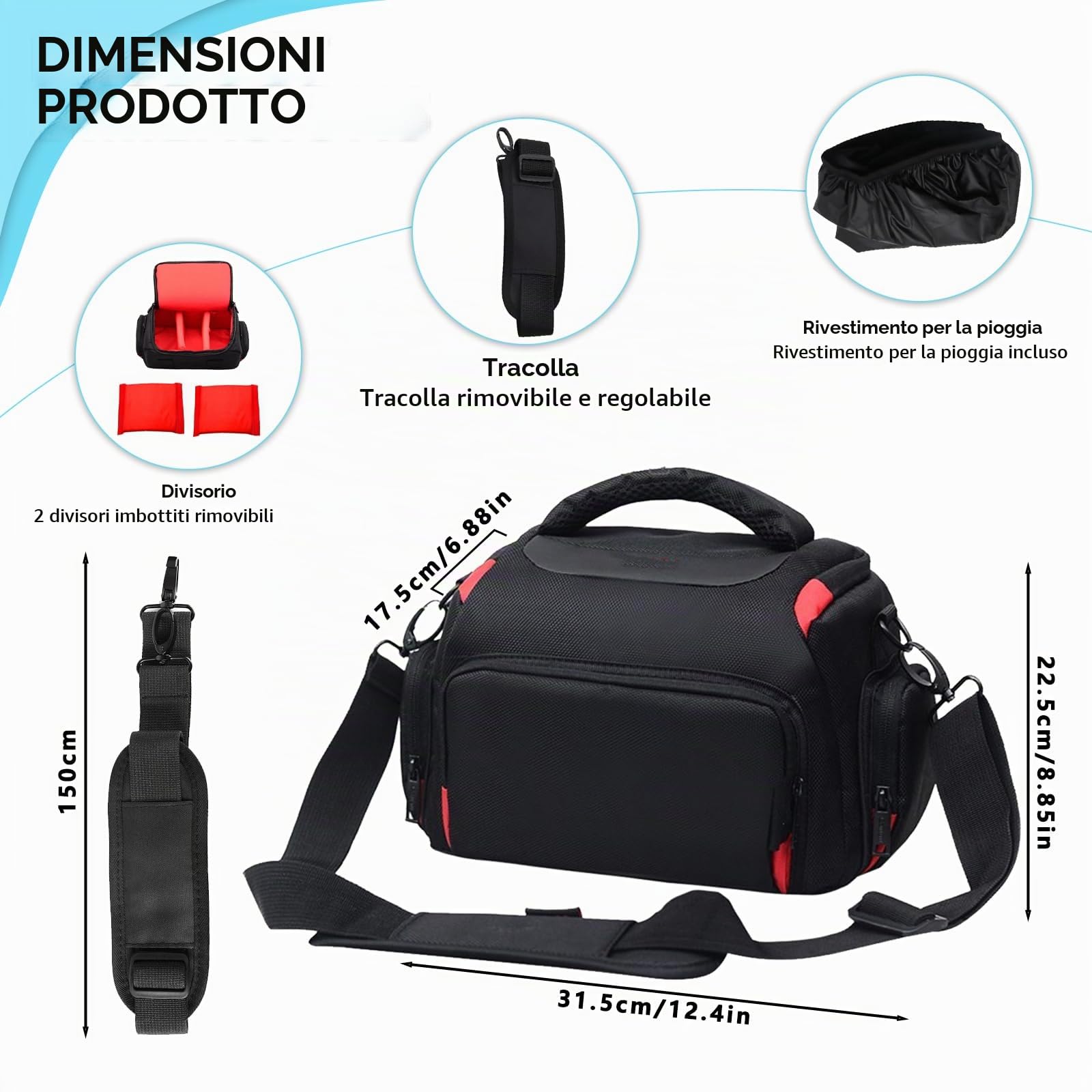 Borsa Fotocamera per Reflex & Mirrorless – impermeabile con copripioggia, divisori regolabili imbottiti, tasche multiple & tracolla – per fotocamera, obiettivi, accessori – viaggio, esterno & quotidia