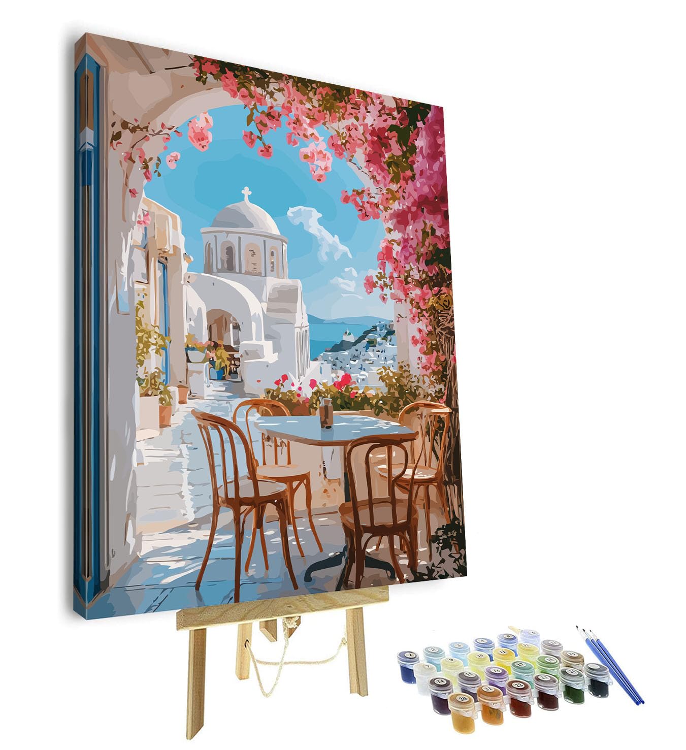 TISHIRON Paint by Numbers Kit for Adults & Adult Paint by Number - Charming Coastal Village Seaside Landscape with White Buildings and Vibrant Flowers, Relaxing DIY Canvas Art - 16x20 Inch, Framed