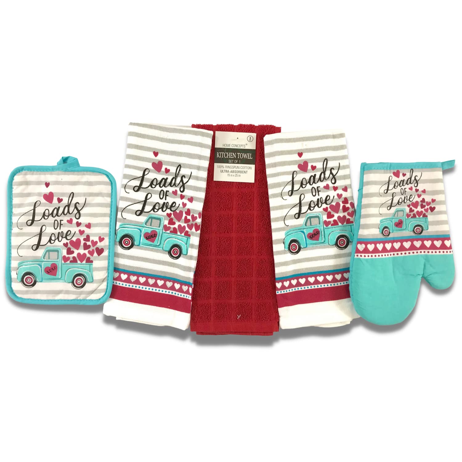 Serafina Home Valentine Kitchen Towels Pot Holders Set: Love'ly Blue Truck Full of Hearts (Loads of Love)