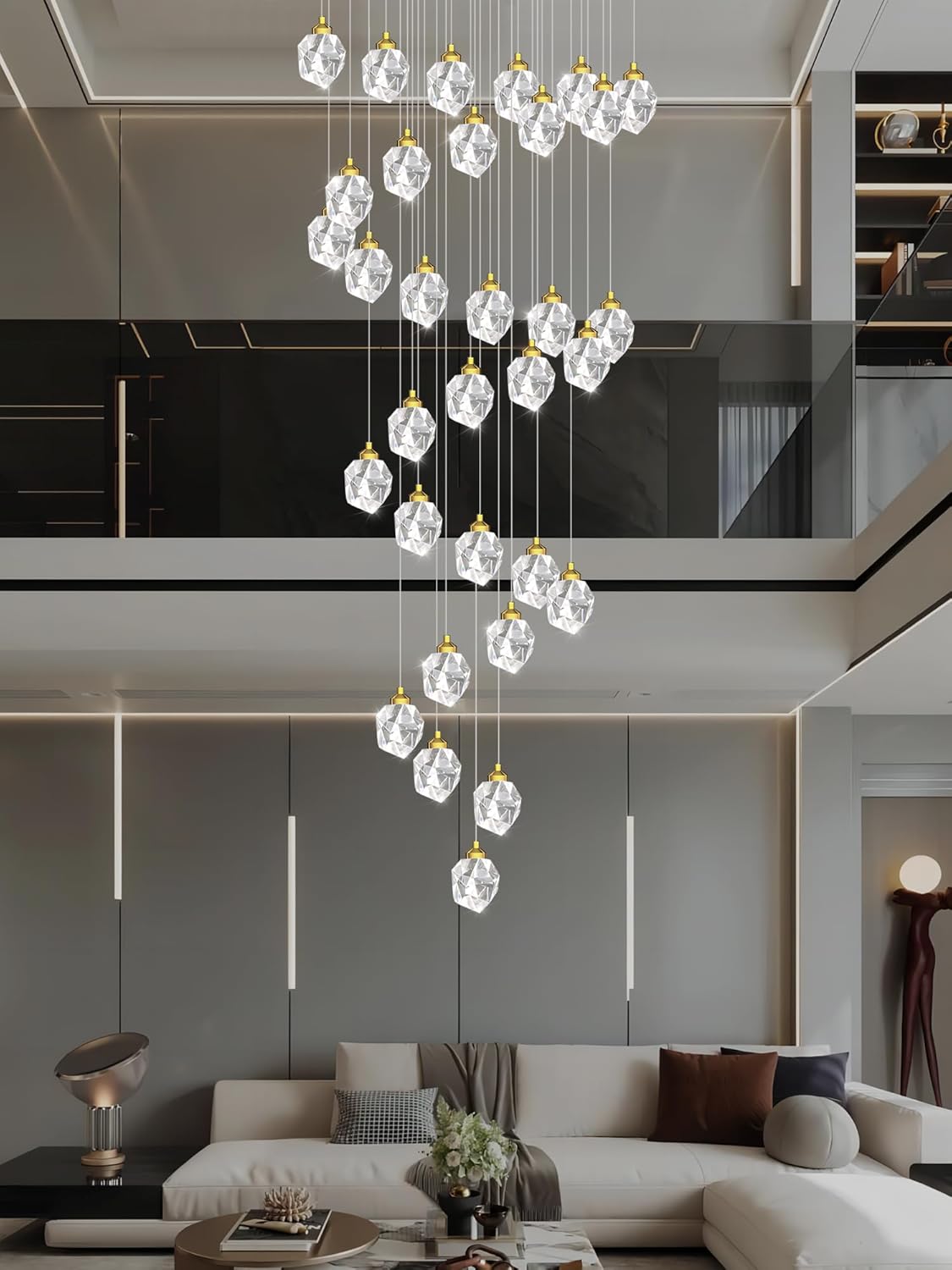 32 Light 120in Long Large Crystal Chandeliers Gold LED Crystal Chandeliers for High Ceiling Foyer Staircase Lobby Slopped Ceiling Dimmable 3000-6000K