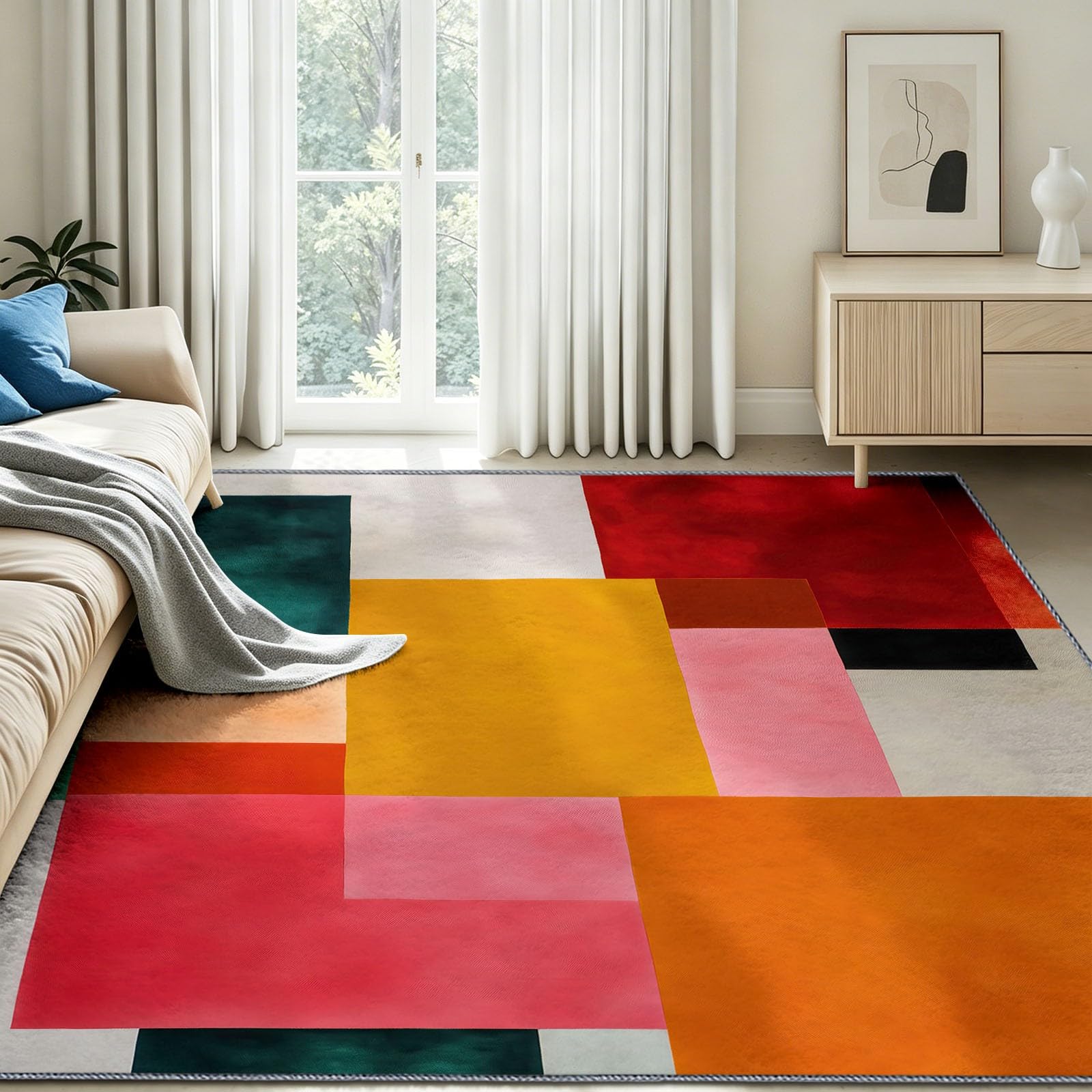Tapis de Salon Lavable en Machine 160 x 230 cm Abstrait Géométrique Moquette Antidérapant à Poils Courts, Pop Grille Damier - Tapis de Sol à Poils Ras pour Chambre et Cuisine, Multicolore