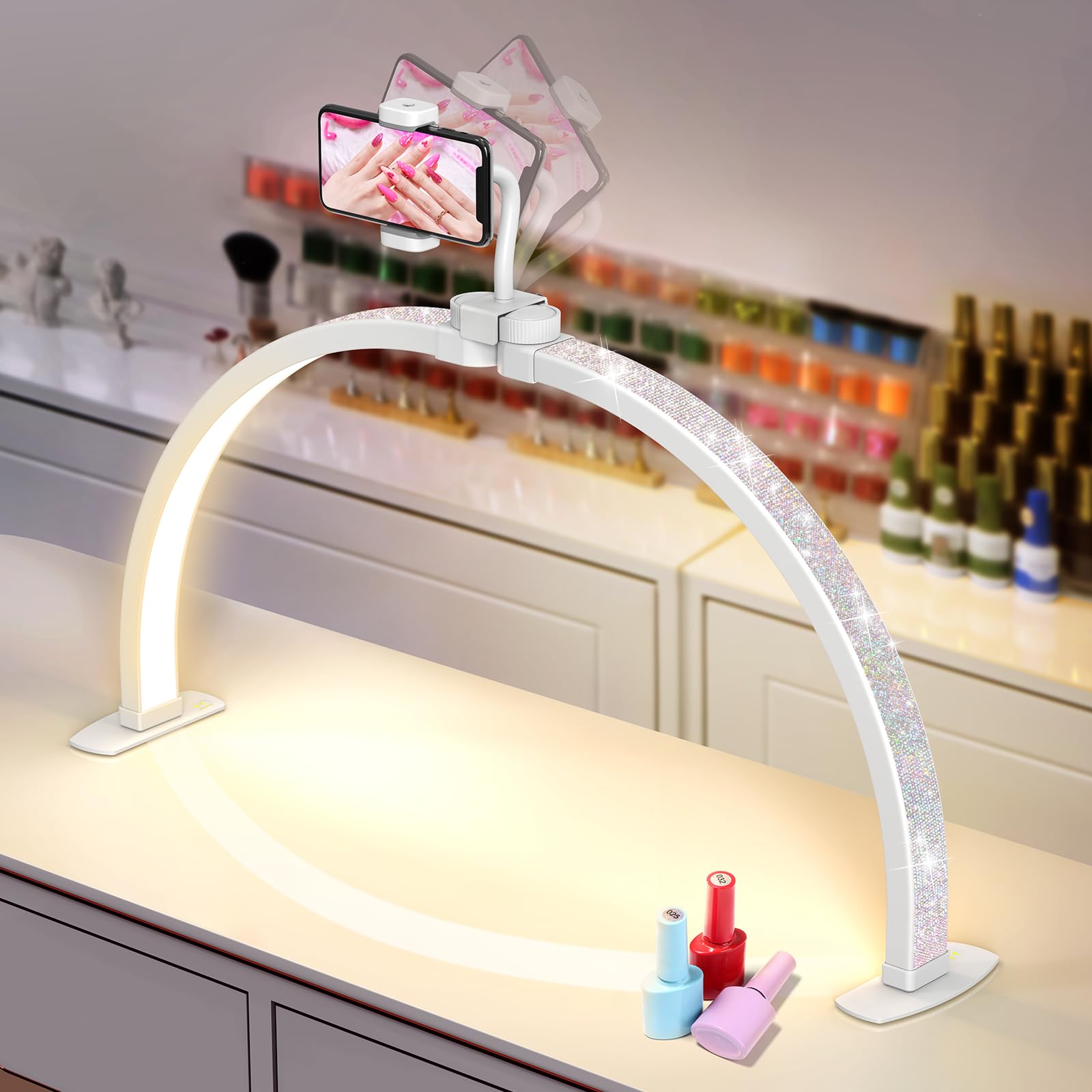 Adonafy Desktop Halbmondlampe für Nägel: 23" LED Halbmond Wimpern Lampe mit Telefonhalter - 3 Farbmodi Und 10 Helligkeitsstufen Einstellbar Halbmondlicht für Nagelstudio Handwerk (Diamant, Klein)