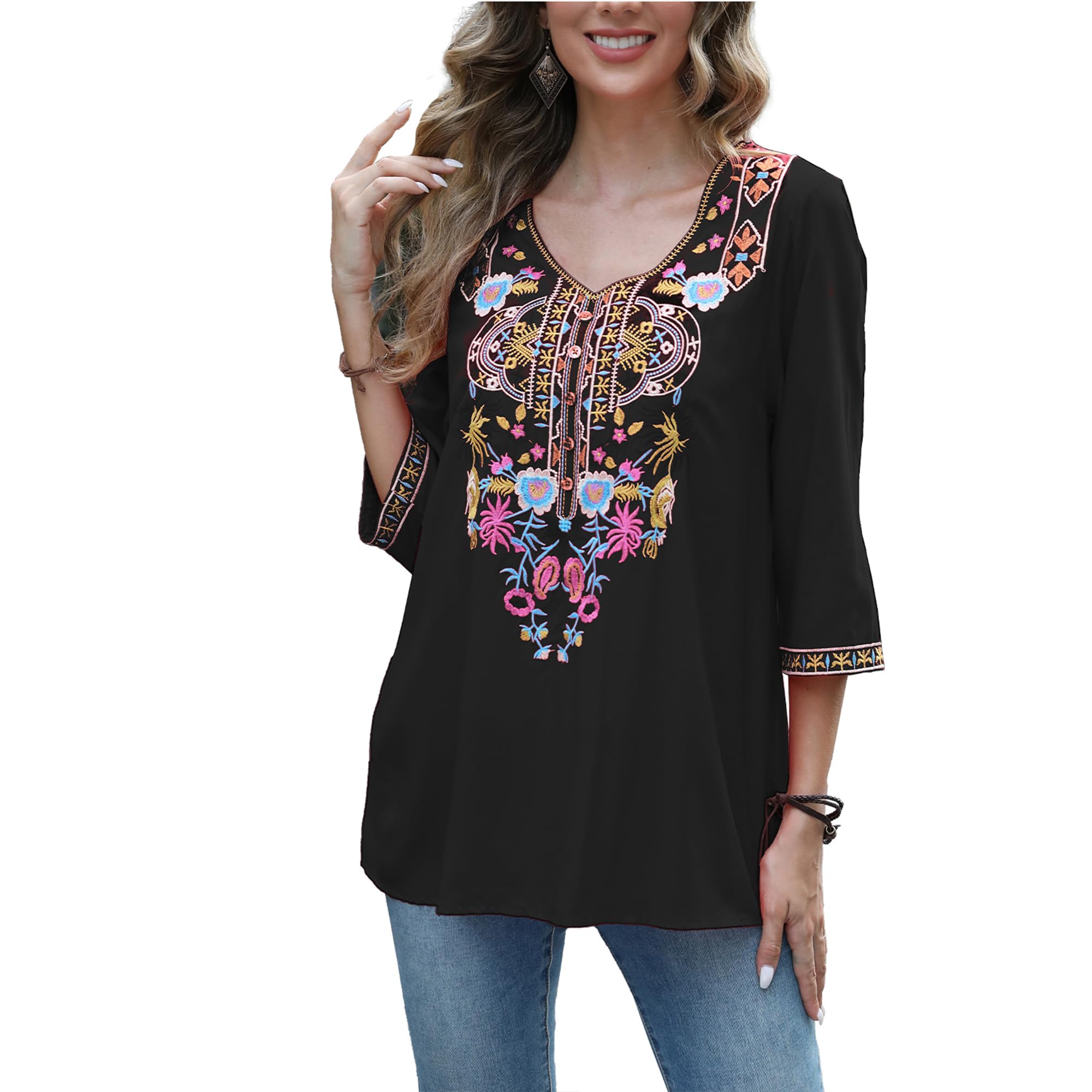 AK Women's Bohemian Embroidered Top – 3/4 Sleeve Floral Peasant Blouse, Loose Tunic (Rayon) - View #11