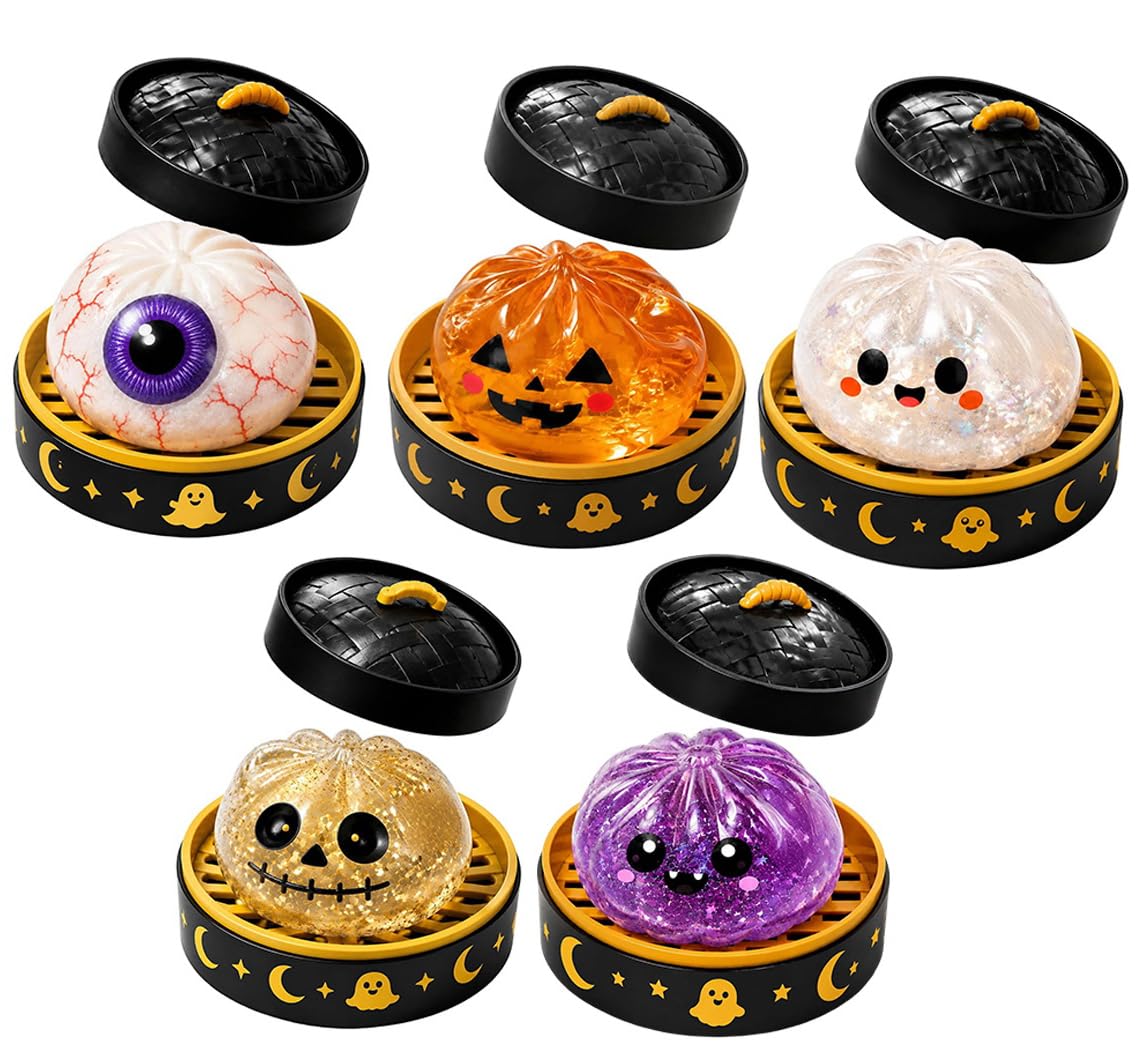 Halloween Steamed Bun Stress Toys with Steamer Basket Relief Fidget Surprise Gift for Adults, 5PCS