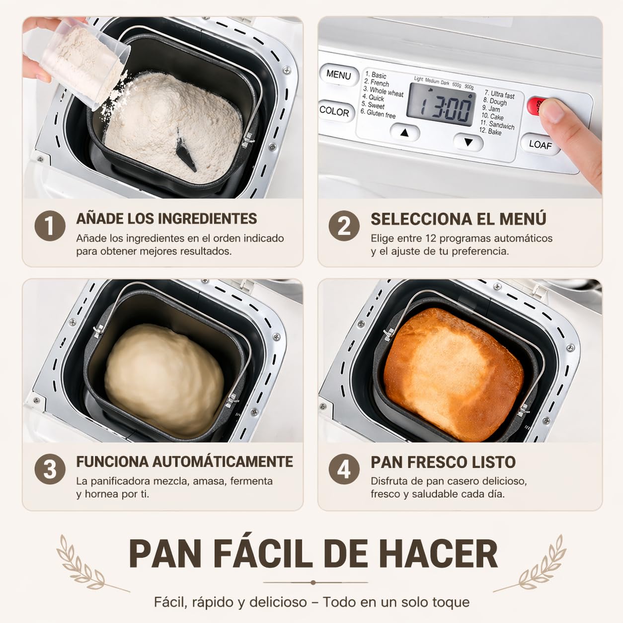 Kitchen in the box Panificadora de Pan Sin Gluten, 900g, 12 Programas, 3 Niveles de Tostado, Dispensador Extraíble, Libre de Amasar, Tapa Visor y Fácil Limpieza, Máquina de Pan Ideal Casero Saludable