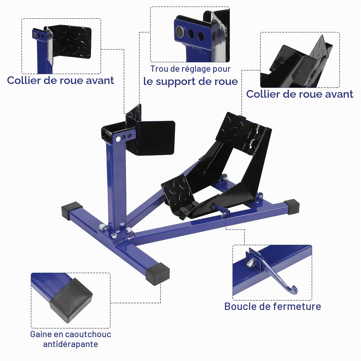 Support de montage, pince de roue avant de moto, support de moto, convient pour pneus de 17 à 21 pouces, rail d'aide au chargement, bleu, 1 pièce