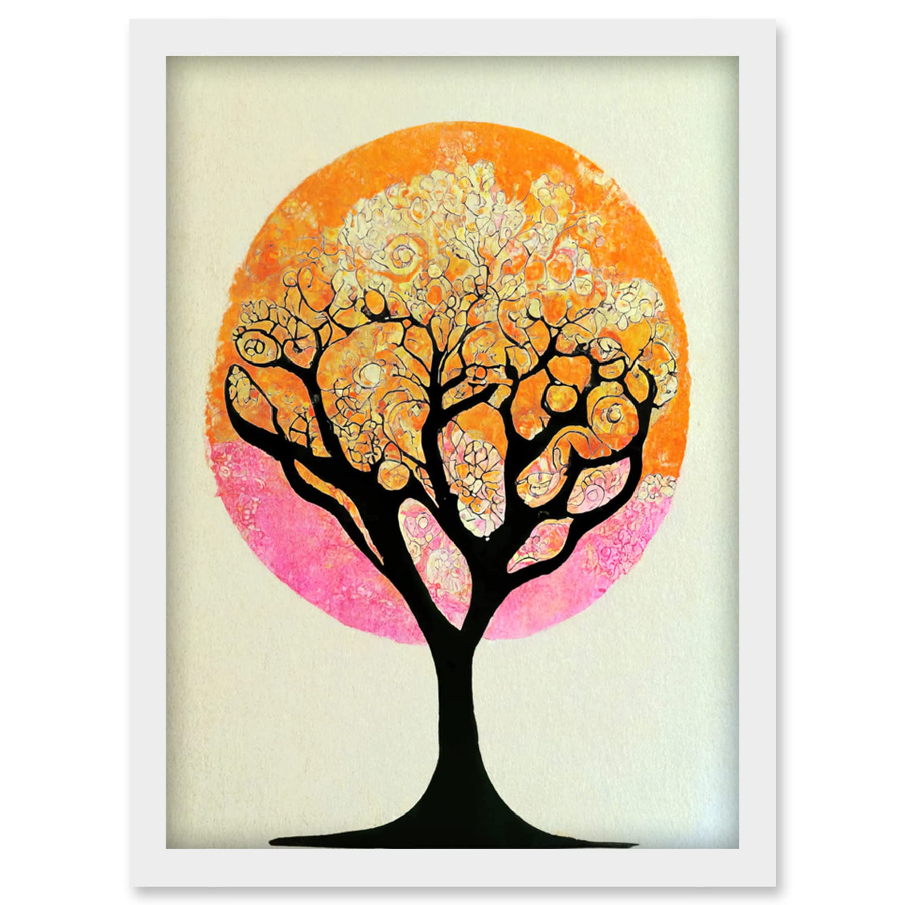 Doppelganger33 LTD Tranquil Tree Silhouette Abstract Illustration Enchanted Linocut Artwork Framed Wall Art Print A4