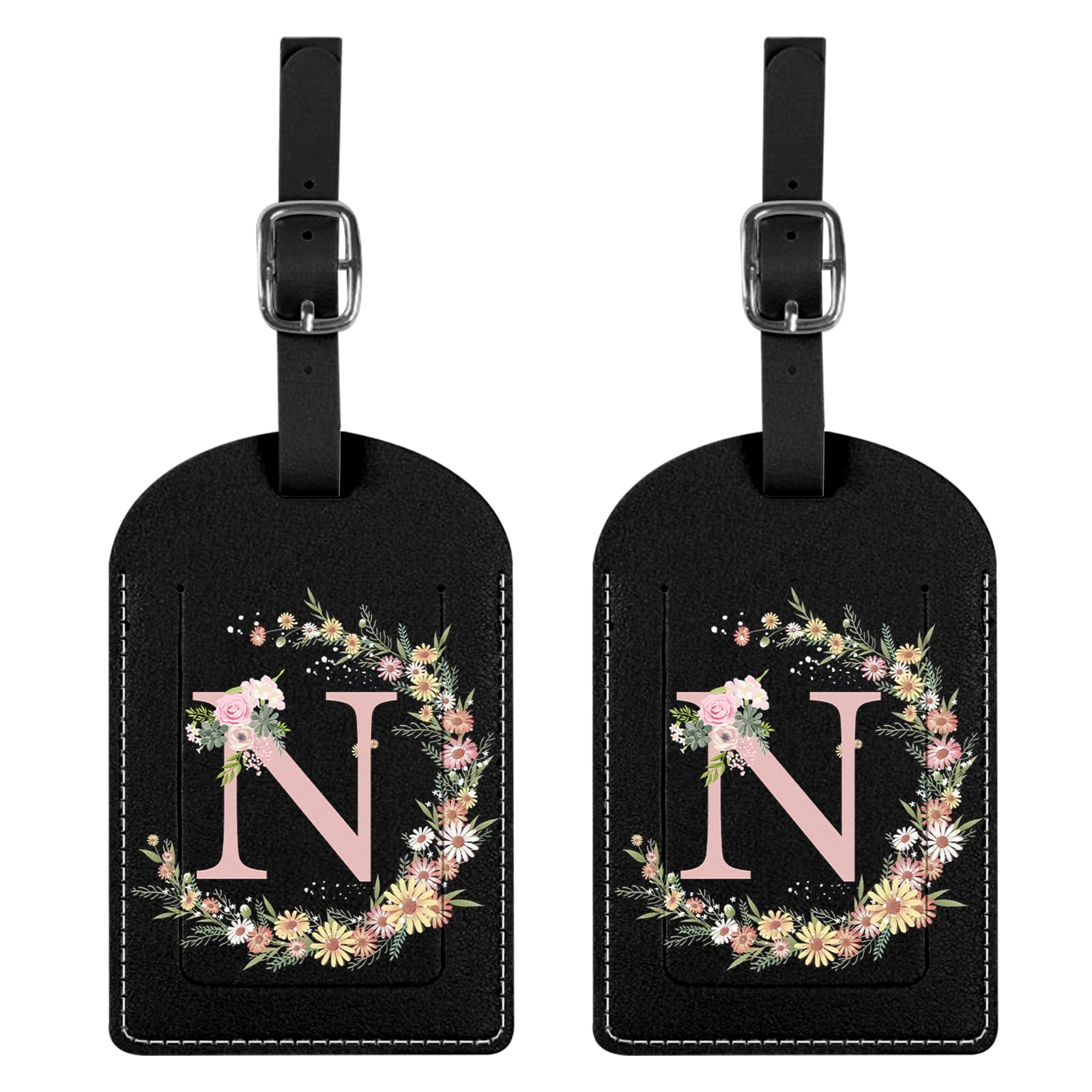 BHAHB 2 Stück Gepäckanhänger,Kofferanhänger mit Anfangs Brief, PU-Leder,ästhetische Niedlich Monogramm Reisetasche Etiketten für Frauen Mädchen(Black Letter-N)