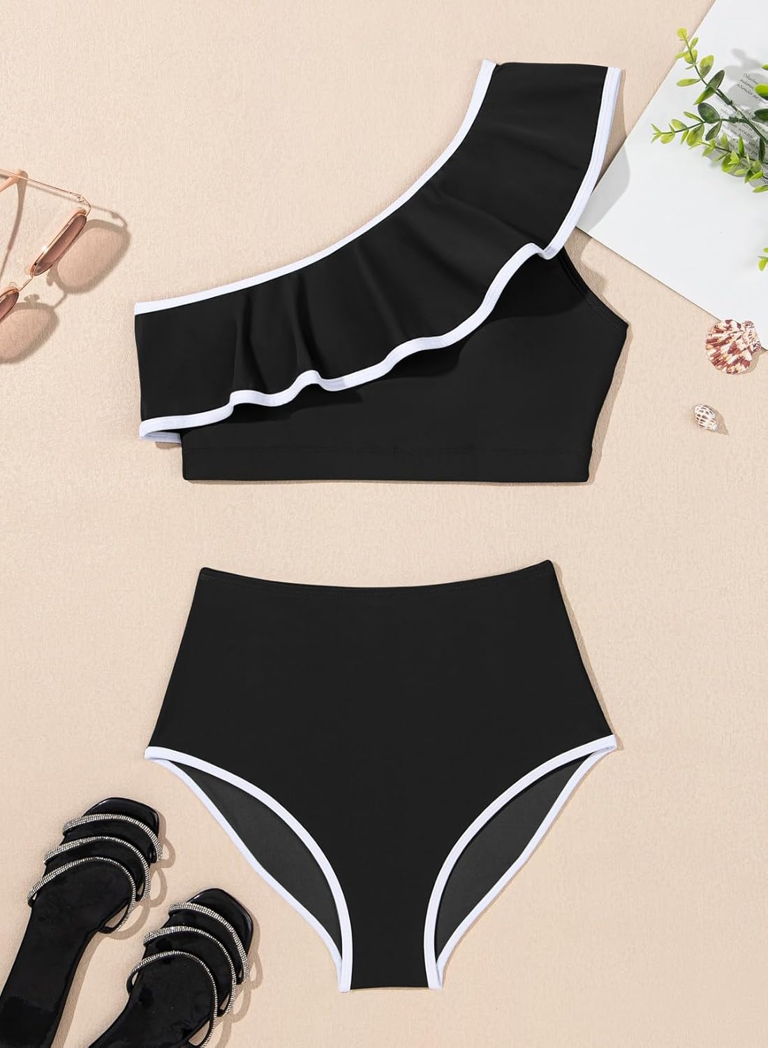 Herseas Women's One Shoulder Bikini Sets Color Block Trim Ruffle Hem Swimsuits Elegant Bathing Suits - Image 5