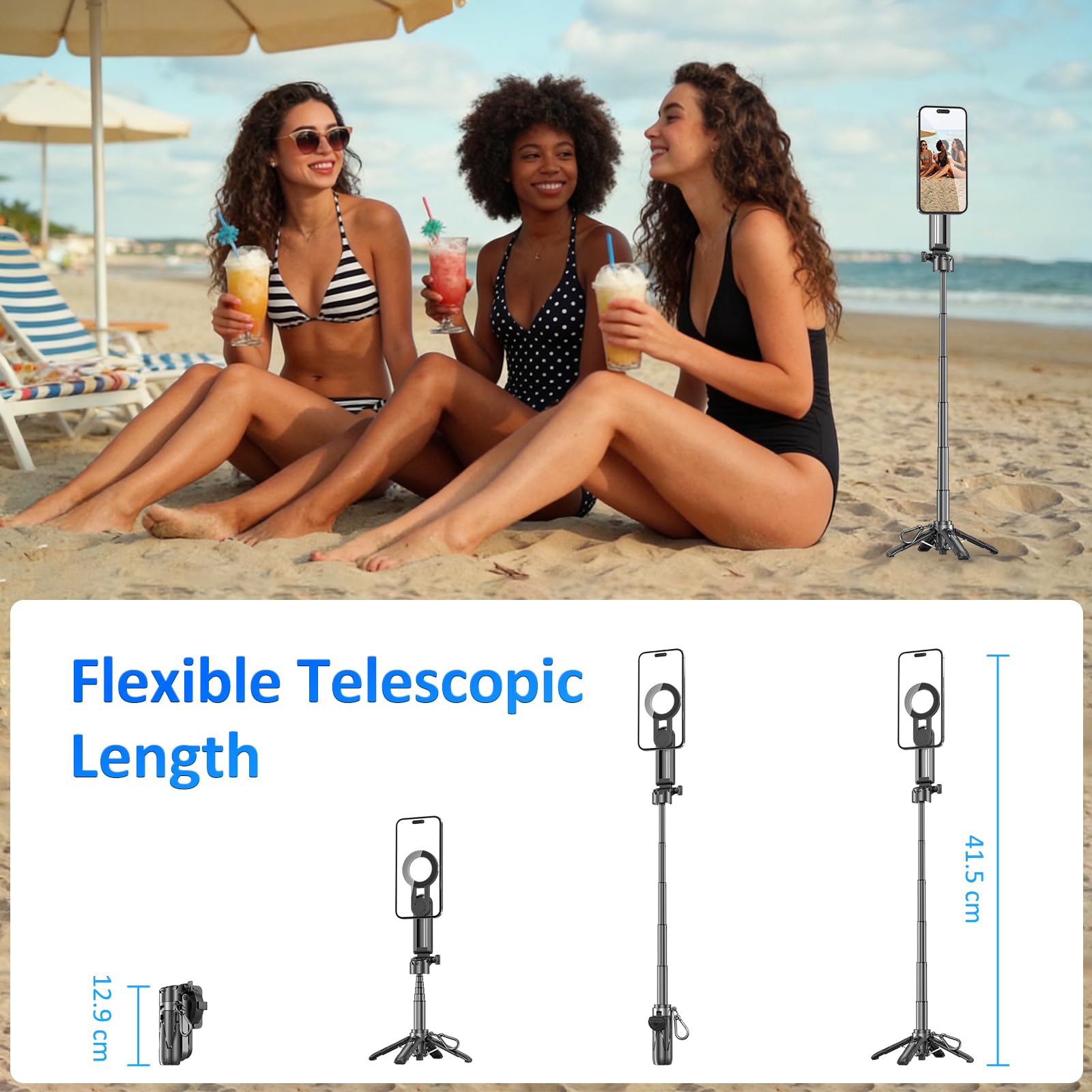 Bastone Selfie Con Magnetico E Morsetto A Molla, Treppiede per Cellulare Bluetooth 4 in 1, Impugnatura Per Telefono, Mini Quadrupode Telescopico Per iPhone/Android, Rotazione A 360 Gradi.