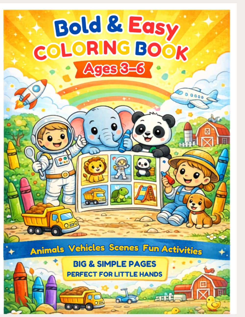 Bold & Easy Coloring Book for Kids Ages 3–6: Cute Animals, Fun Scenes, Vehicles and Simple Coloring Pages for Toddlers and Preschool Kids