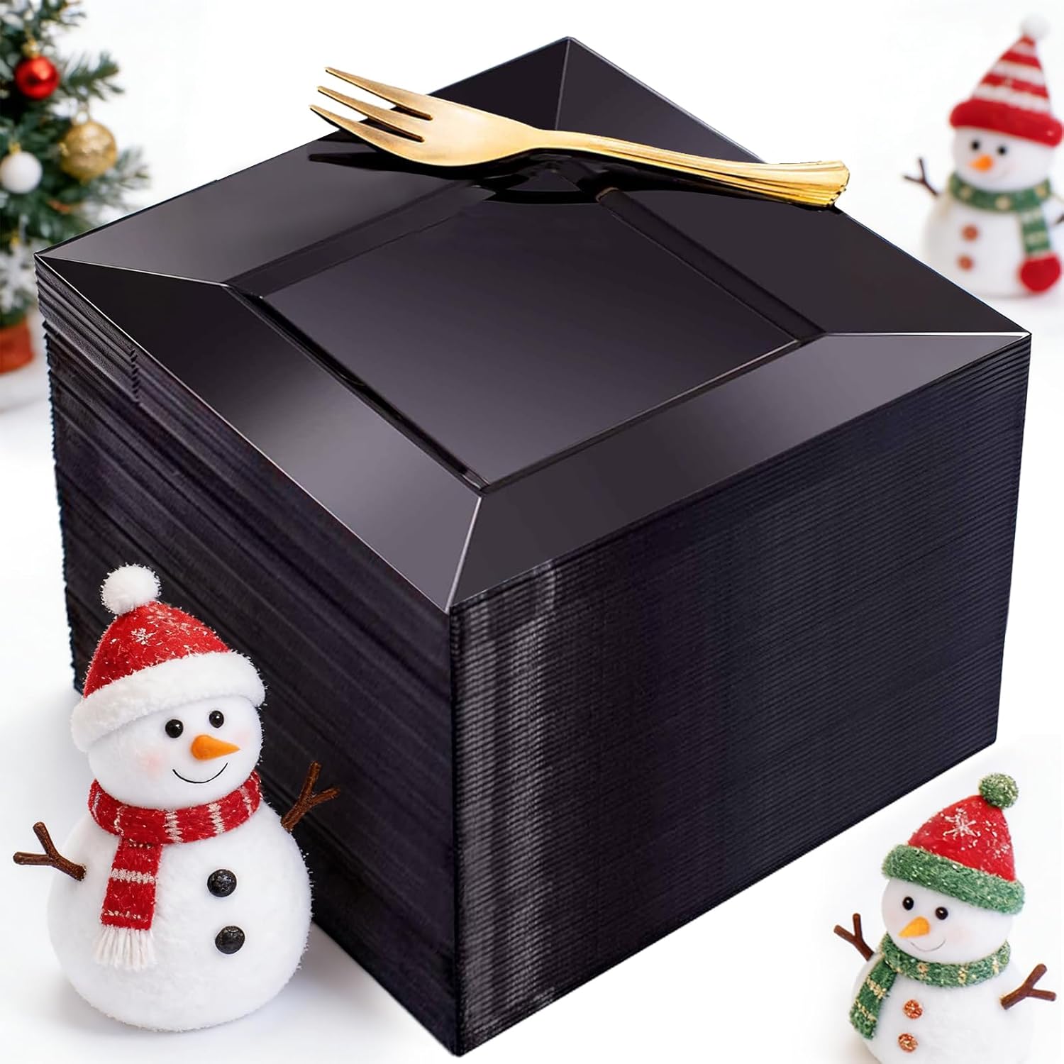 Black square dessert plates with gold forks, 200pc