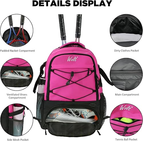 Miniatura 4 de WOLT Bolsa de tenis - Mochila grande para raqueta de tenis para hombres y mujeres - Compartimento ventilado para zapatos - Capacidad para 2 raquetas