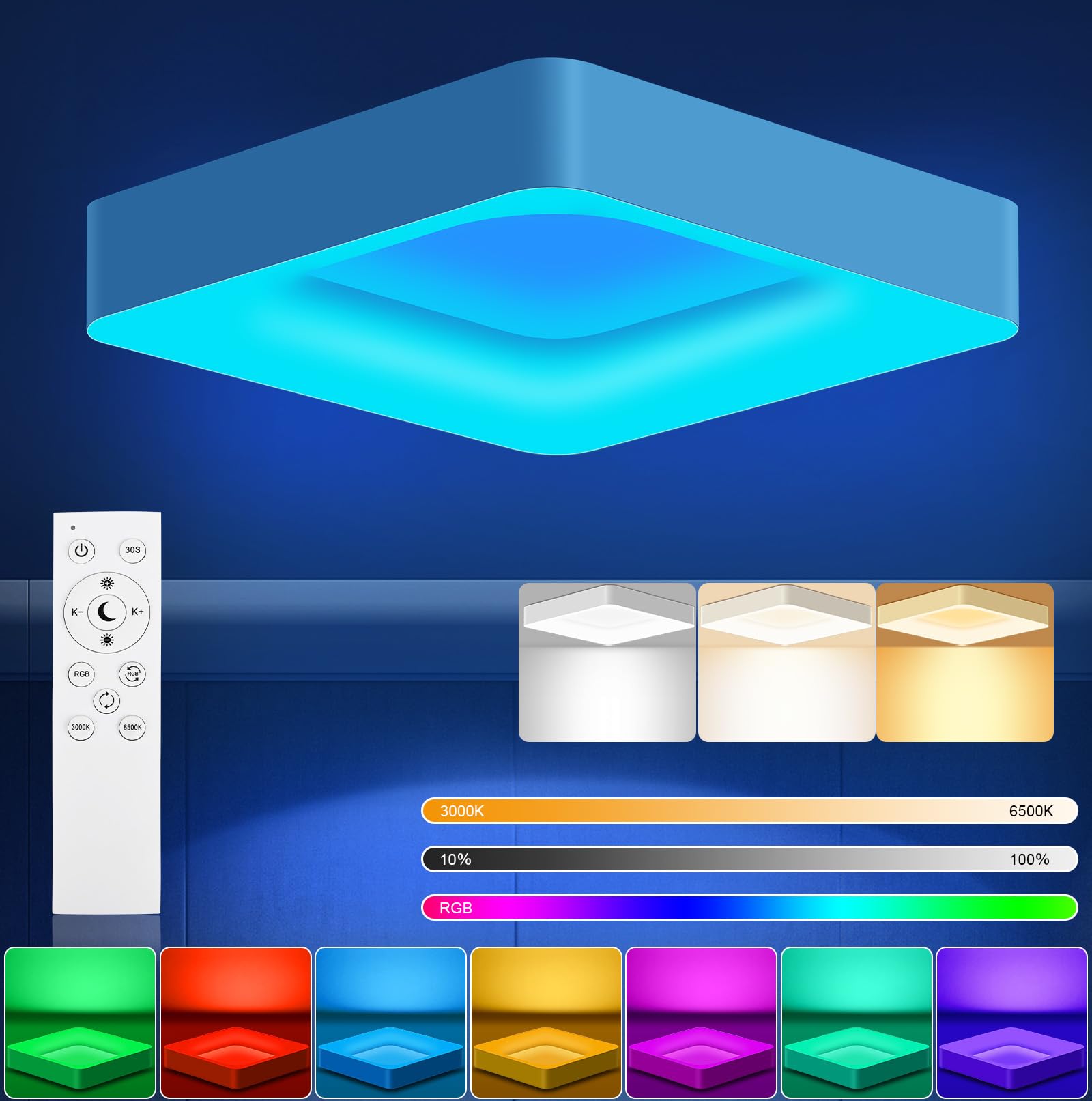 RDGOOD 24W RGB LED Plafón Luminaria Regulable con Mando a Distancia, 2400LM Plafón LED Regulable RGB Cambio de Color, 3000K-6500K Luz de Salón para Dormitorio Cuarto de Niños Cocina Sótano 28x28cm