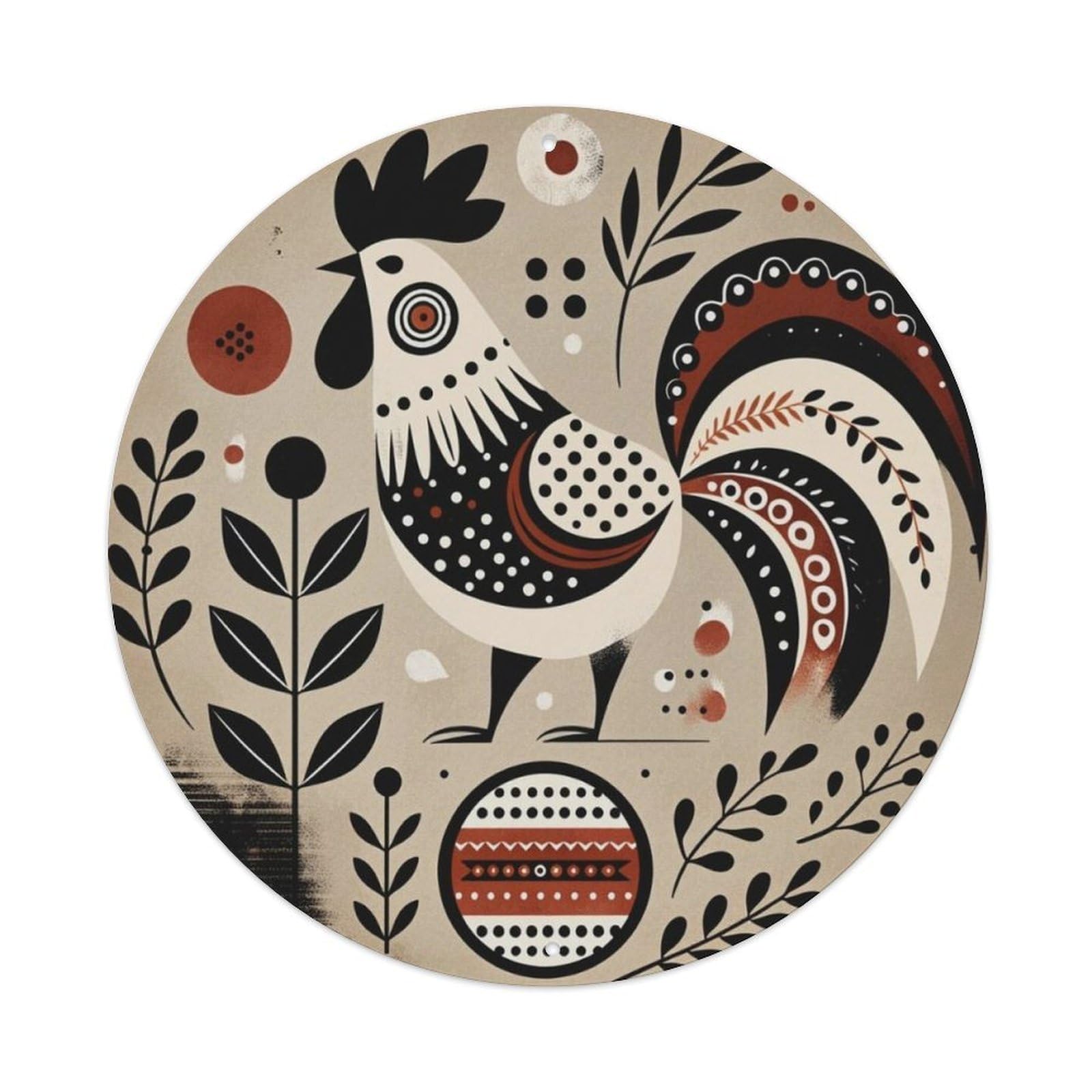 Nordic Folk Geometric Rooster Art Round Decor Sign Vintage Aluminium Metal Sign, Retro Wall Decor for Home, Bar, Garage & Farmhouse 20x20cm