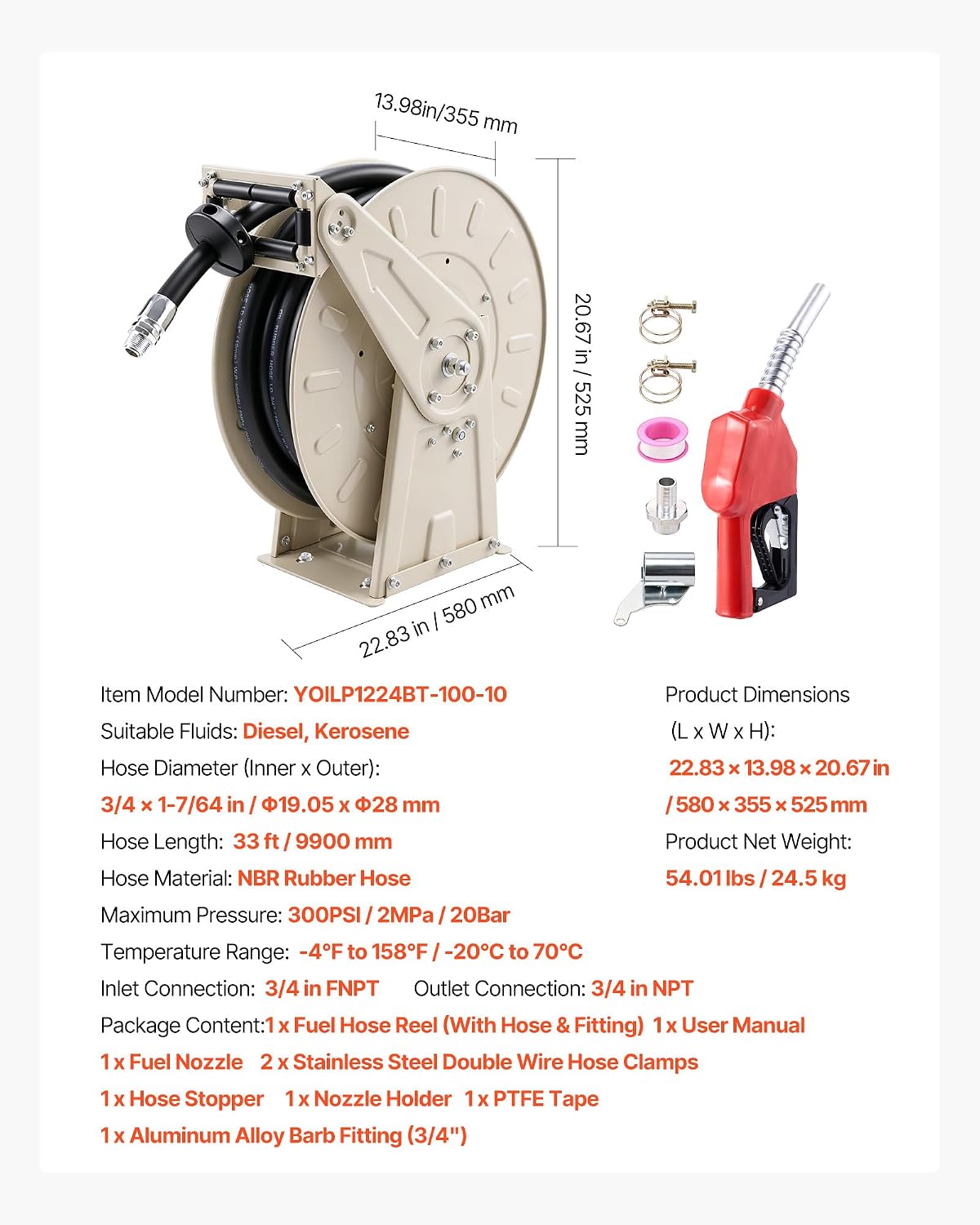 VEVOR Fuel Hose Reel, 3/4 inch x 33 ft Retractable, Spring Driven Auto Swivel Rewind, 300 PSI, Heavy-Duty Carbon Steel Construction with Industrial Grade Rubber Hose, for Diesel Fuel, Kerosene