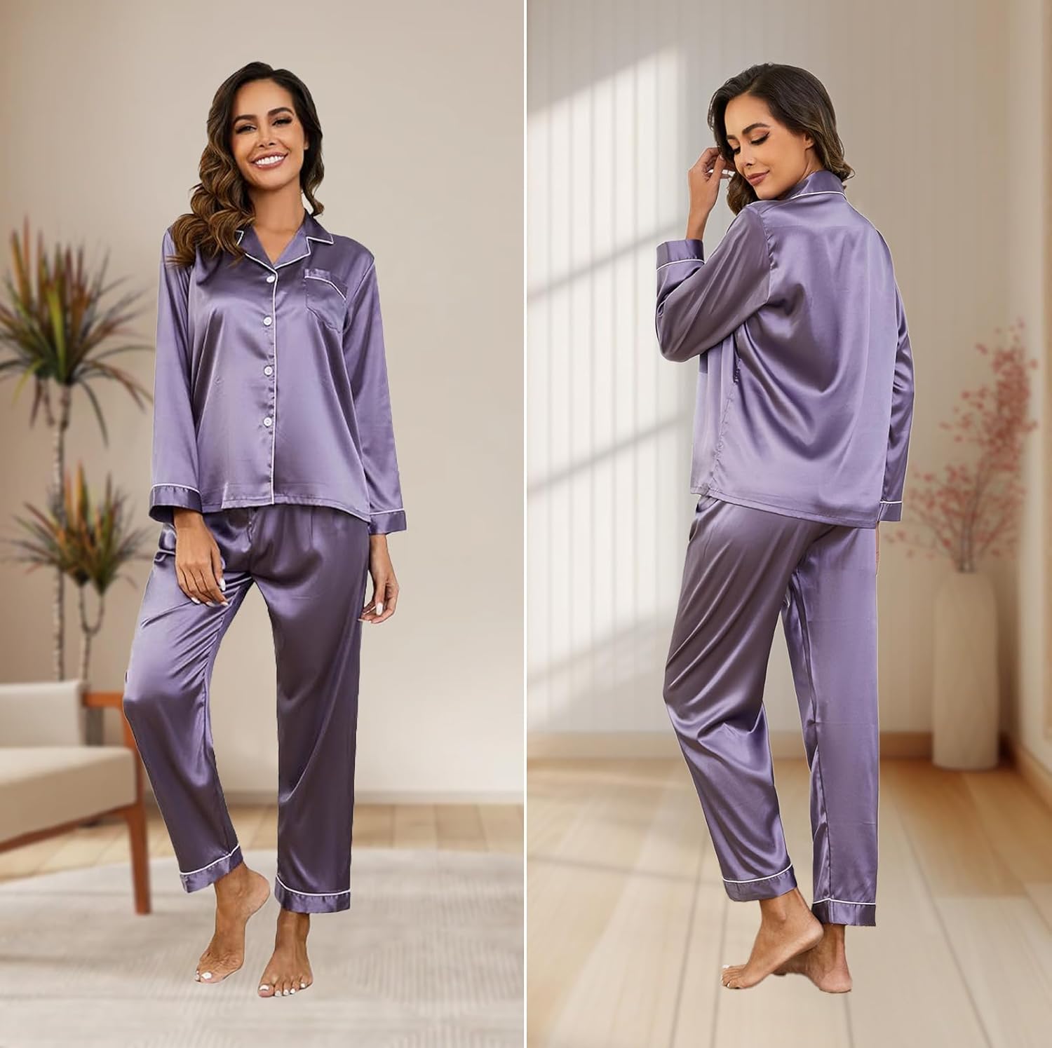 Silk Pajamas for Women Set Long Sleeve Satin Pj Set Two Piece Soft Sleepwear Classic Button Down Loungewear with Pockets - Image 2
