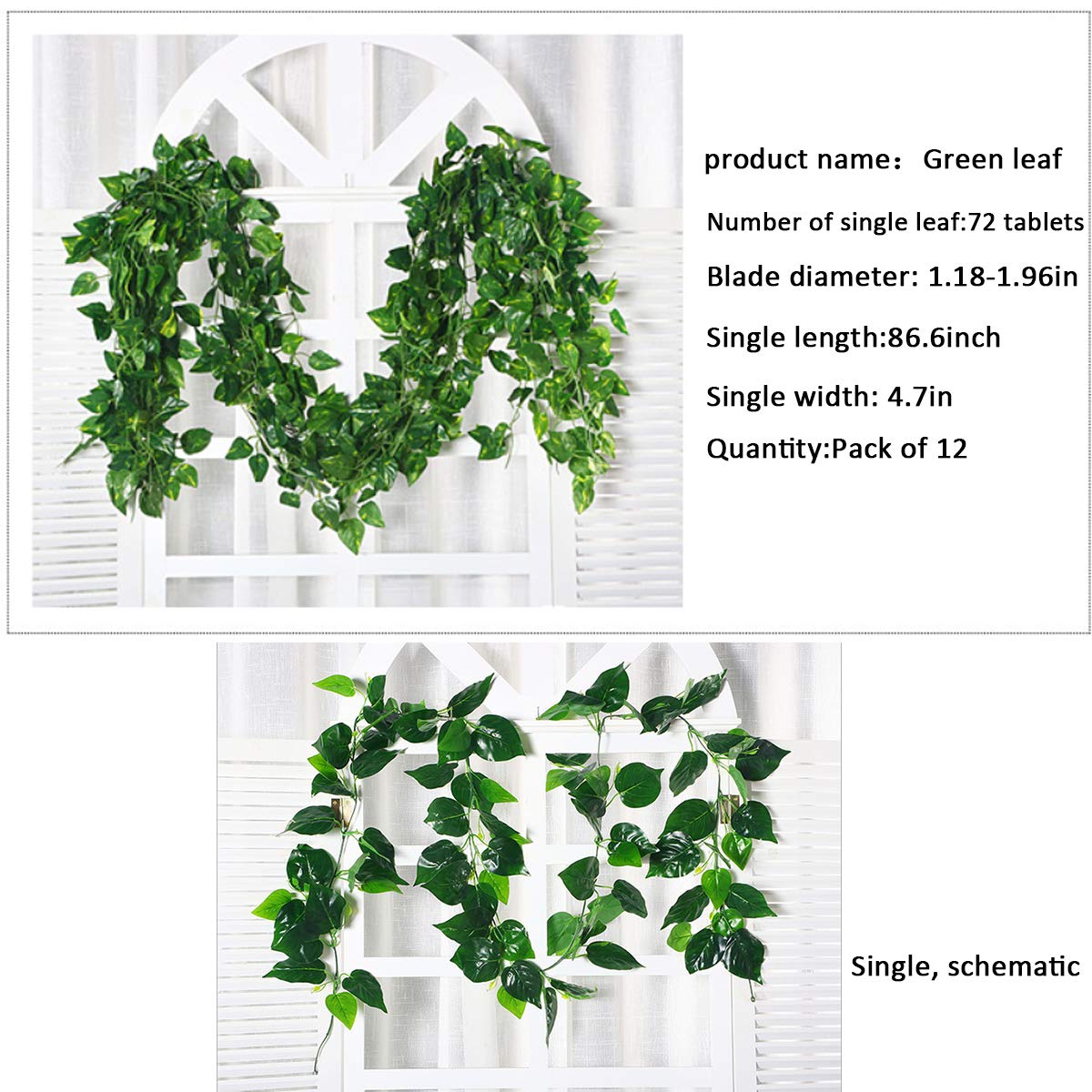 Epipremnum - Hojas de aureo, enredaderas verdes, hojas de vid falsas, hojas de vid falsas colgantes, decoración de pared para el hogar, cocina, jardín, oficina, boda (paquete de 12 plantas 5