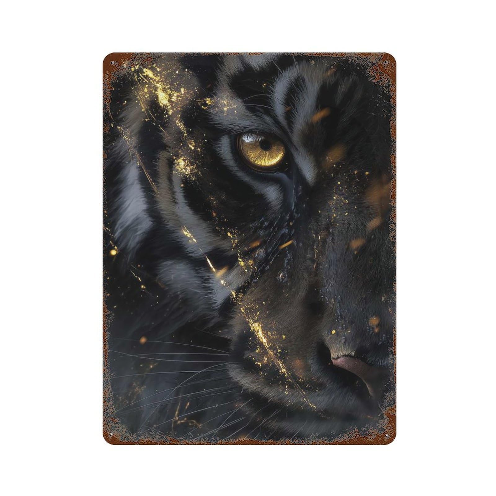Decorative Tin Sign with Tiger Golden Gaze Design 15.7"x11.8", for Basement, Hobby Room And Garage Decor, Rustic Home Decor