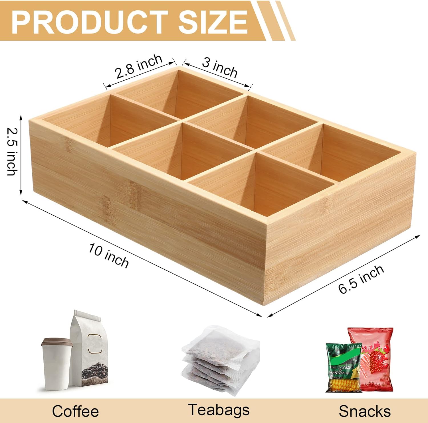 Maitys 4 Pcs Bamboo Divided Storage Organizer Bamboo Container with 6 Compartments Food Storage Bin Wooden Tea Drawer Box Bin Holder Case for Snacks Tea Bags Coffee Sugar
