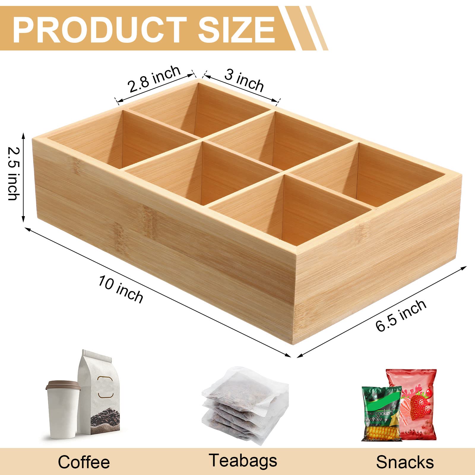 Lot de 4 boîtes de rangement en bambou avec 6 compartiments pour sachets de thé, café, collations, sucre