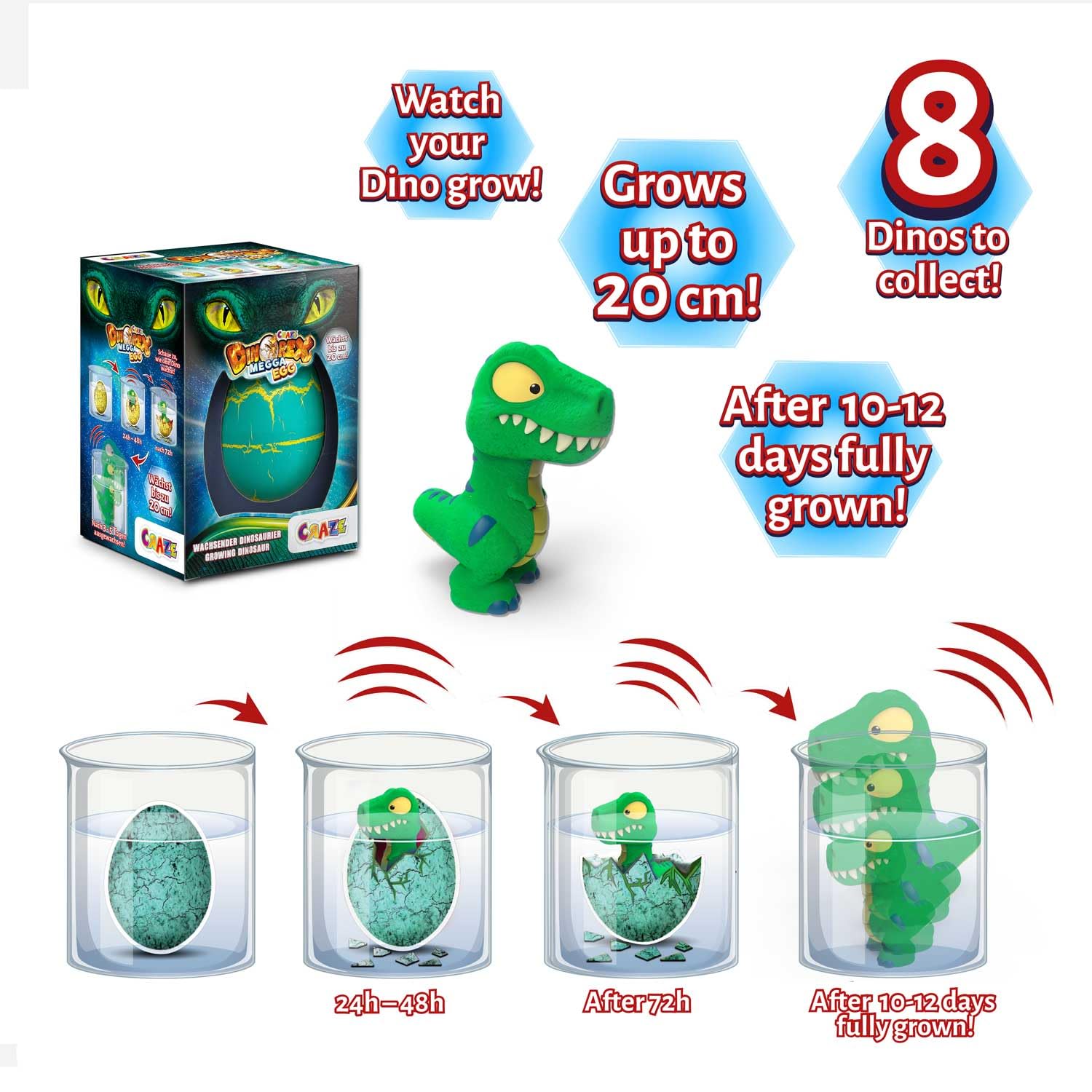 CRAZE Mega Egg DINOREX Juguetes de Dinosaurios para incubar Que Crecen en Agua, Huevos de Pascua con Sorpresa de Dinosaurio