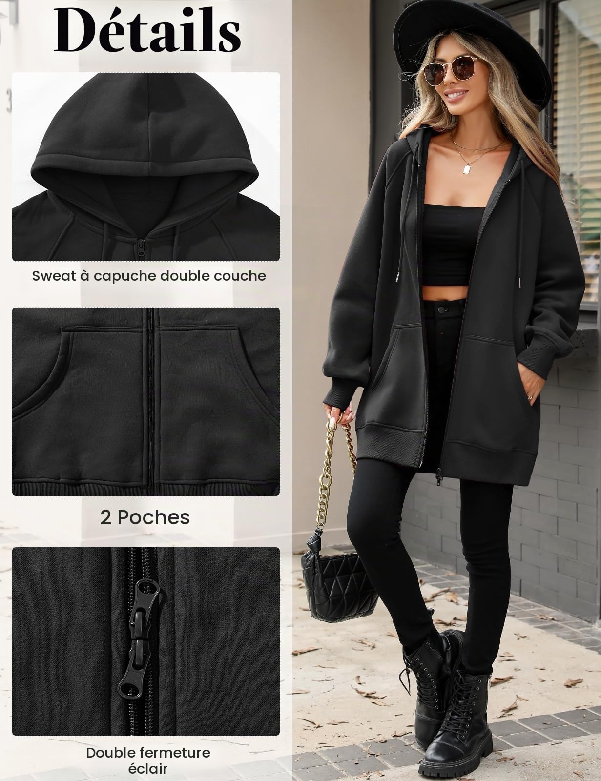 CMTOP Sweat a Capuche Femme Longue Décontracté Zippé Sweats à Capuche Couleur Unie Basique Sweatshirt à Manches Coton Classics Veste Polaire Street Hoodie avec Poches