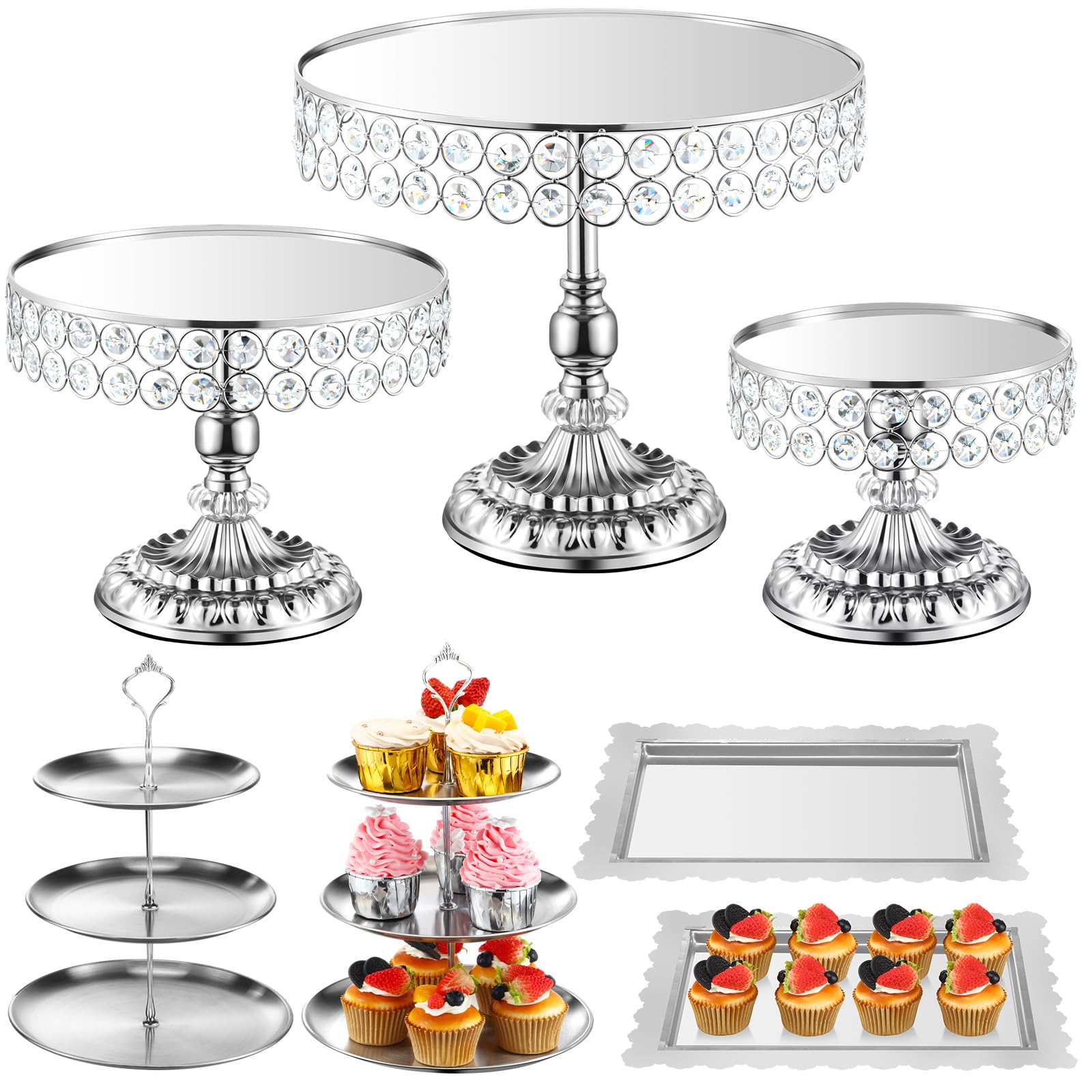 Kigley 7 Pcs Silver Cake Stands Set Vintage Dessert Table Display 3 Tiered Cupcake Holder Candy Plate Desserts Table Stands with Crystal Edge Serving Tower Metal Cake Serving Tray for Wedding Birthday