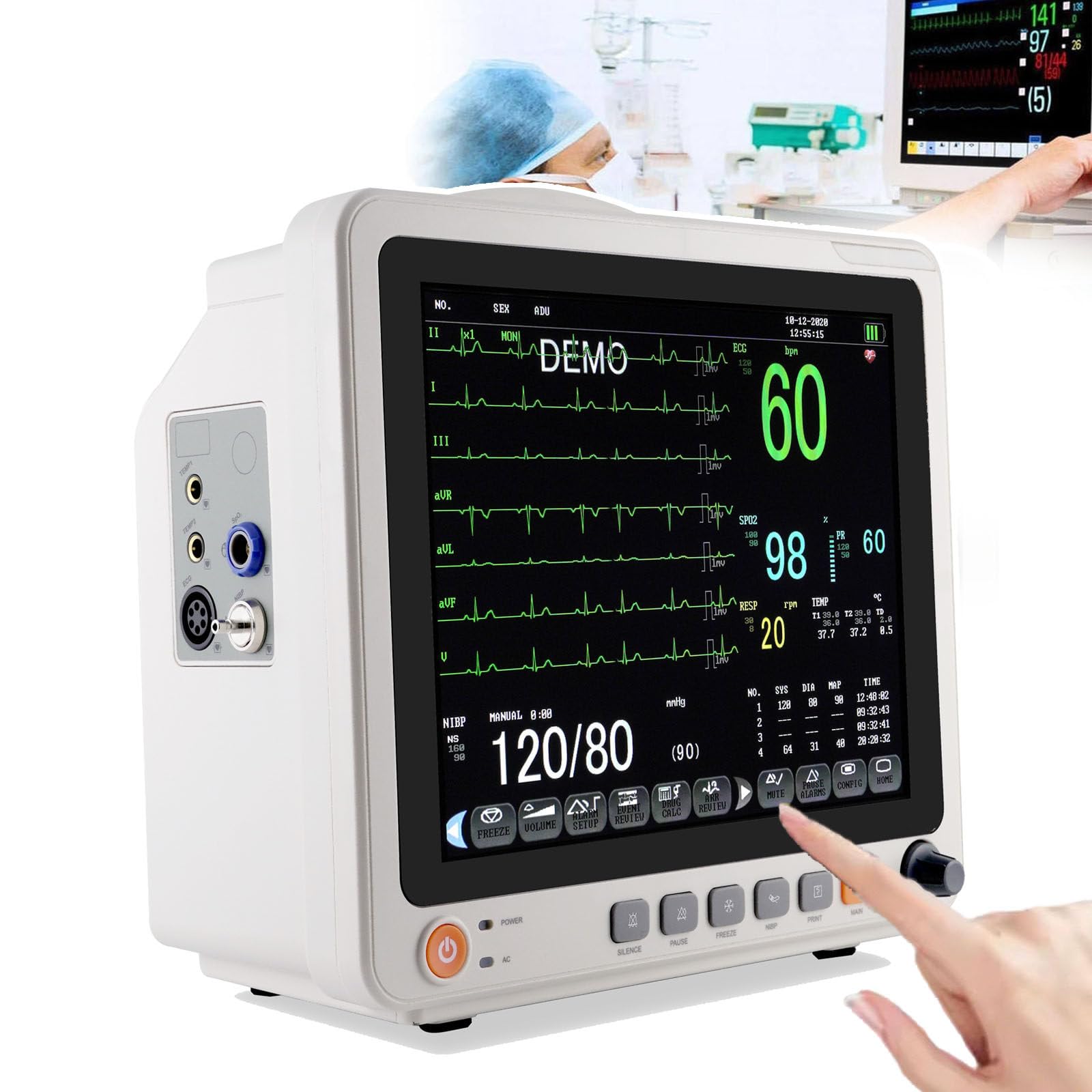 Electrocardiógrafo Portátil,Monitor De Pacientes Multiparamétrico Con Pantalla Táctil De 12,1 Pulgadas | Ecg/Fc/Pani/ Spo2/ Resp/Temp | 3 Modos | Batería Interna De 3 Horas