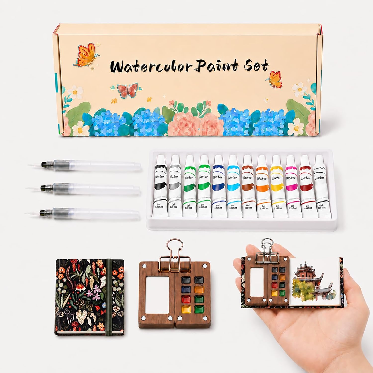 Aimery Mini Watercolor Paint Travel Set, Portable Pocket Size Water Color Painting Kit with Wooden Palette, Refillable Brush & Sketchbook(Enchanted Forest) – Gift for Birthdays, Beginners, Art Lovers