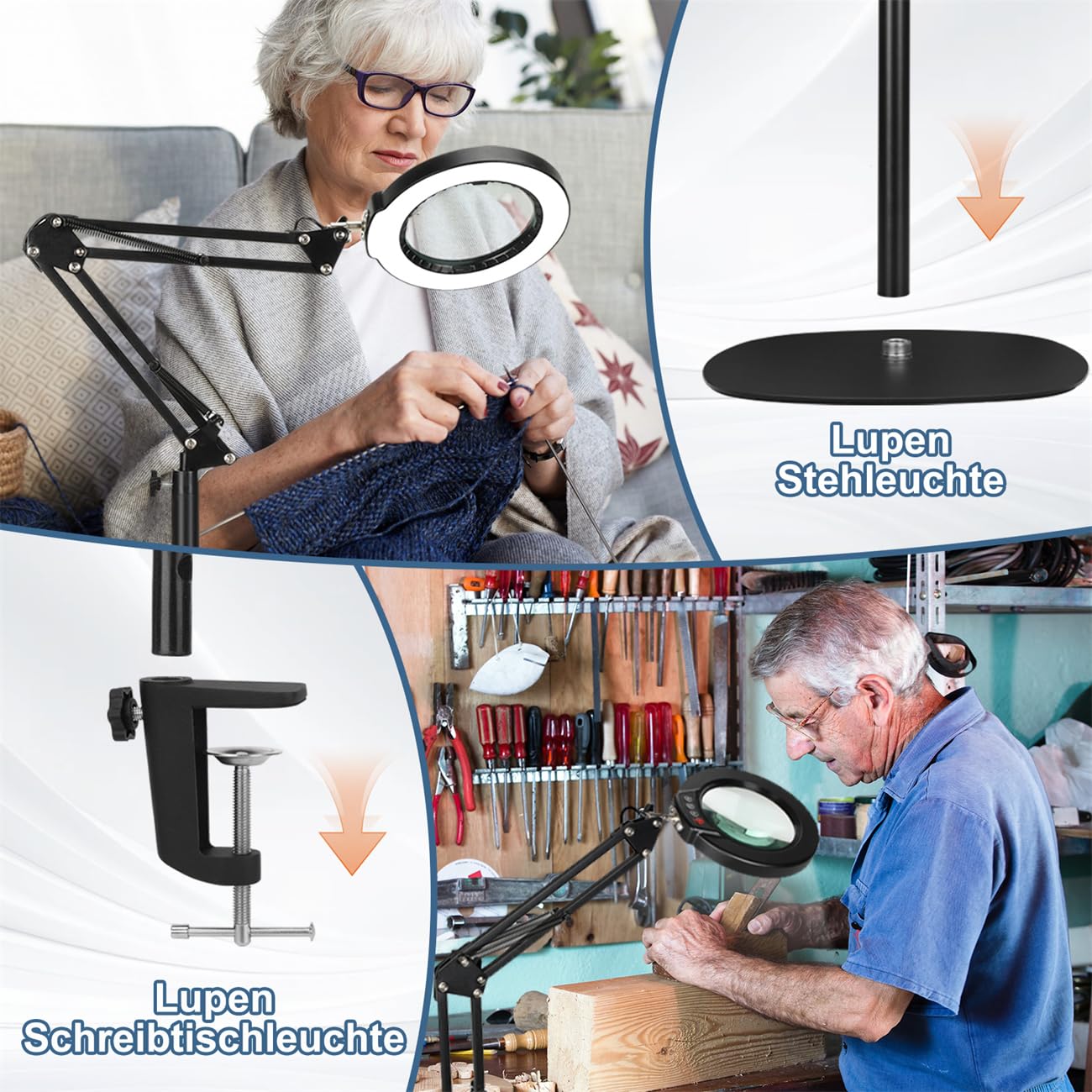 12X Stehlampe Lupe mit Licht und Ständer, 3-in-1 Flexible Schwenkarm Boden LED Lupenleuchte, 5 Farbmodus Stufenlos Dimmbar Leselupe, Freisprech Vergrößerungsboden zum Senioren Hobby