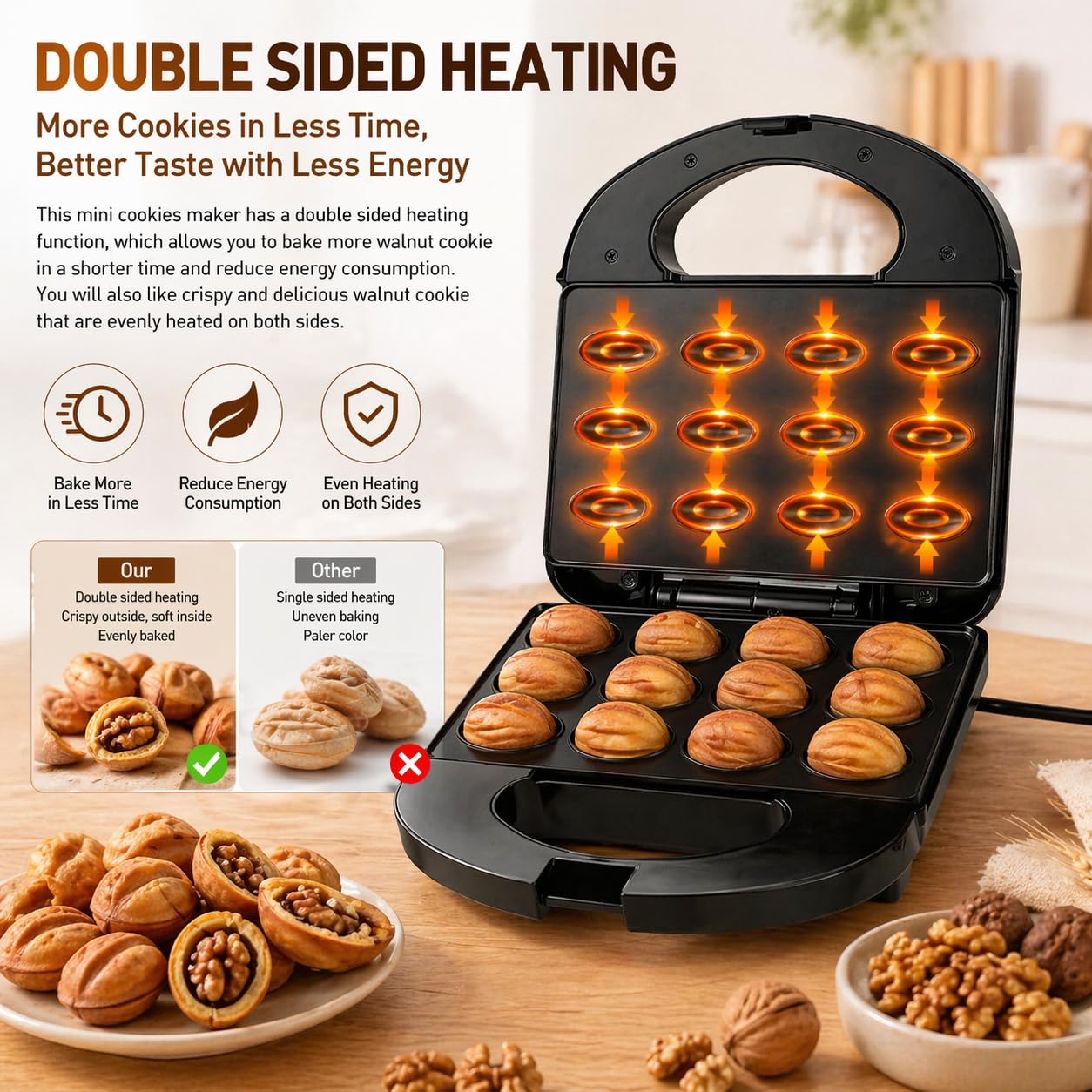Vikye Walnuss-Keksform-Hersteller, 12 Antihaftbeschichtete Oreshki-Formenmacher, Russisch, 750 W Walnuss-Keksform für Oreshki-Nuss-Kuchen (EU-Stecker 220 V)