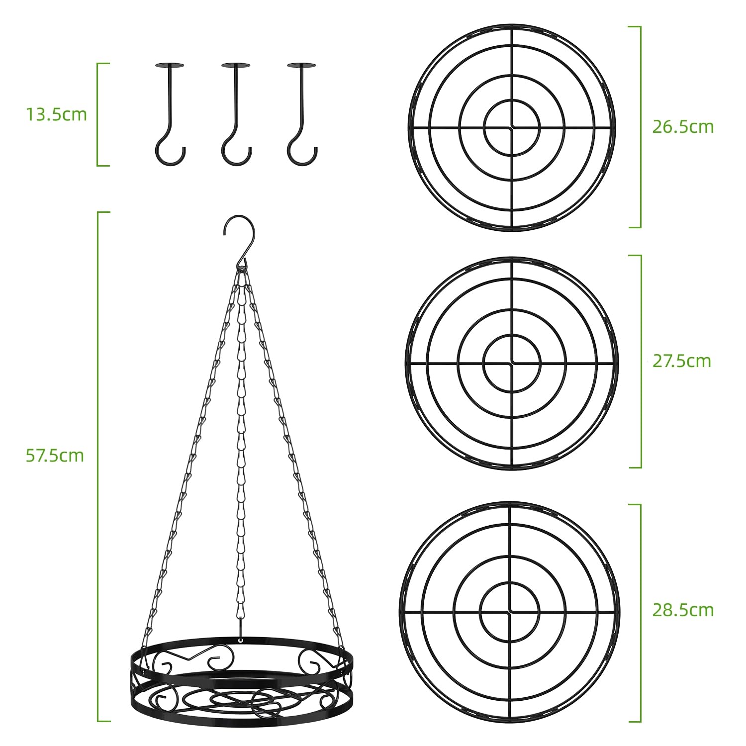 Bomclap Set di 3 fioriere sospese in metallo, per interni con gancio da soffitto e catena sospesa, colore nero