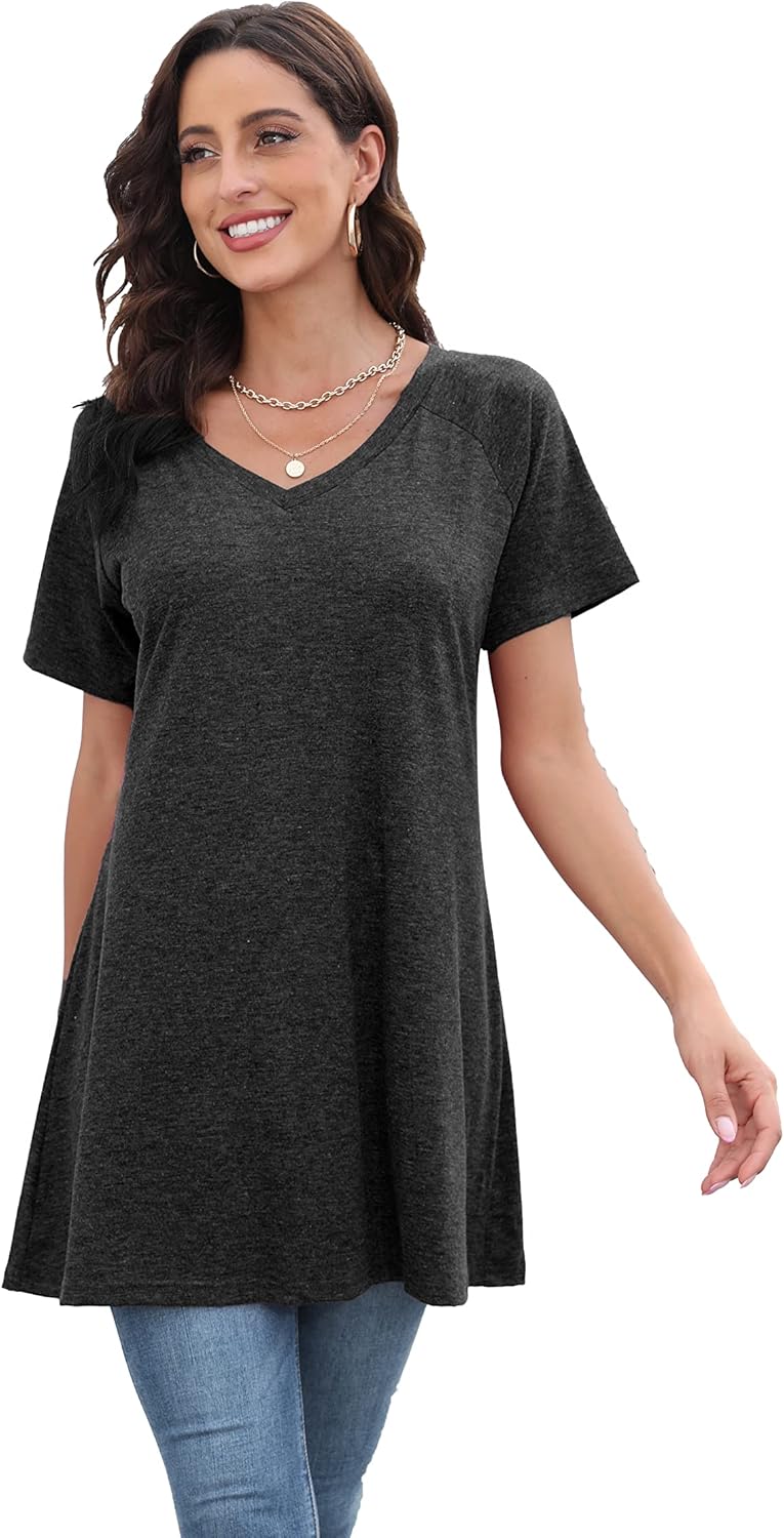 KKG Tops Tunics for Women to Wear with Leggings, Casual Loose Fit V Neck Short/Long Sleeves T Shirt - Image 4