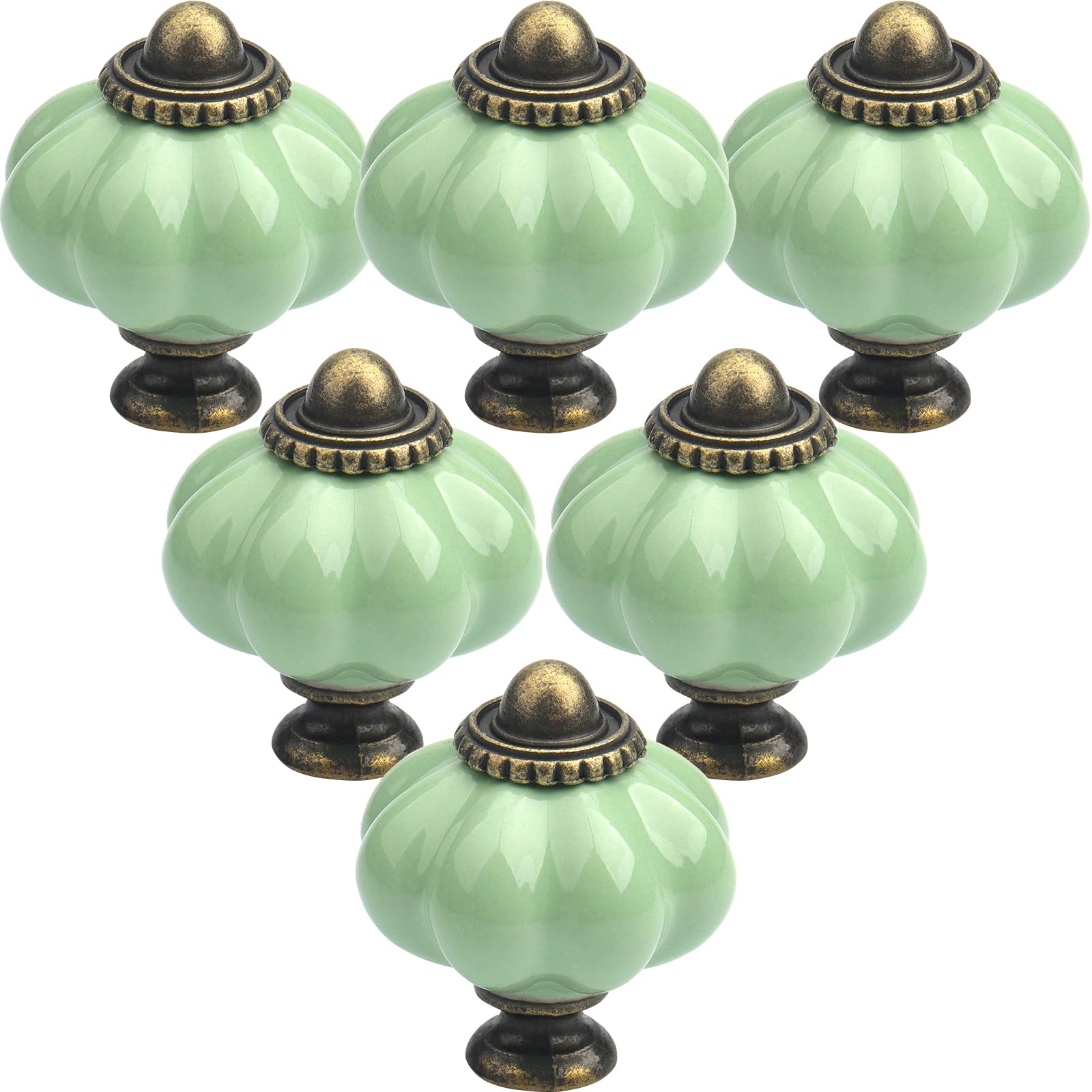 Lhnndm Light Green 12Pcs Ceramic Door Knobs, Pumpkin Ceramic Knobs With Screws, Antique Wardrobe Pull Handles For Kitchen Cupboards Cabinet Dresser (12, )