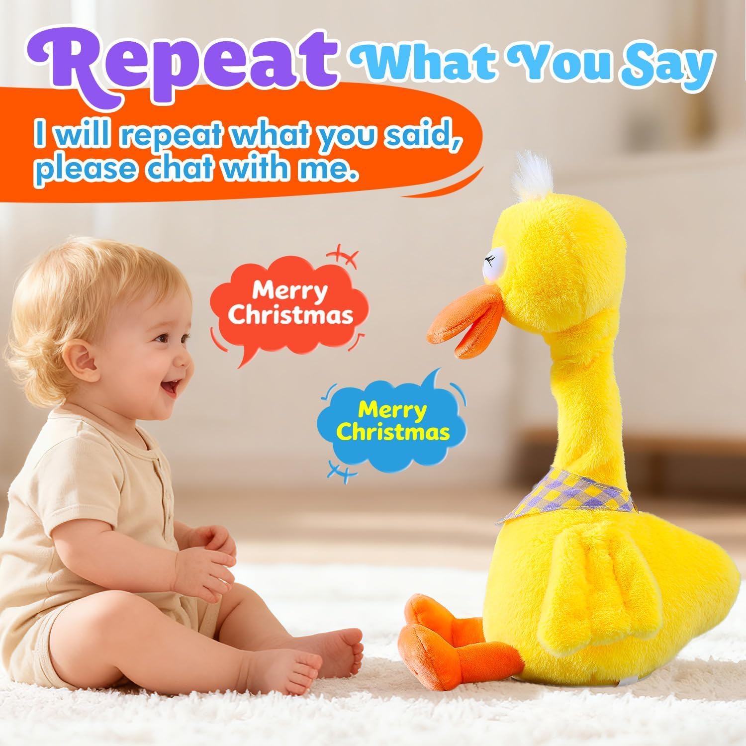 Marsjoy 13" Talking Dancing Duck, Repeating What You Say Mimicking Recording Plush Baby Toy Musical English Song Singing Talking Glowing Animated Twisting Gift of Lighting Up Toy for Boy Kid
